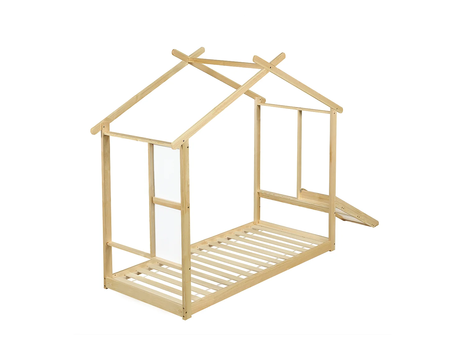 Lit enfant cabane naturelle 90x200cm avec tableau blanc inscriptible et toboggan, pin + MDF (sans matelas)