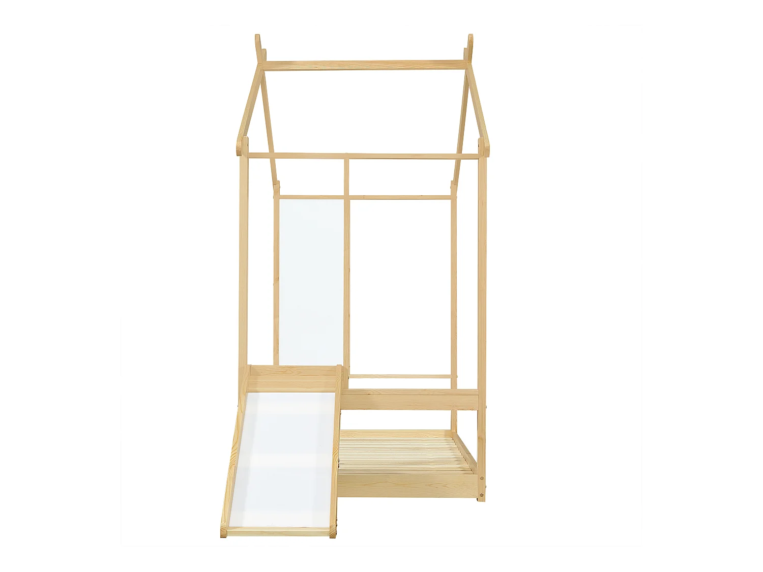 Lit enfant cabane naturelle 90x200cm avec tableau blanc inscriptible et toboggan, pin + MDF (sans matelas)