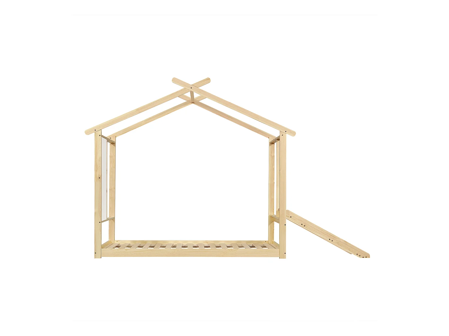 Lit enfant cabane naturelle 90x200cm avec tableau blanc inscriptible et toboggan, pin + MDF (sans matelas)