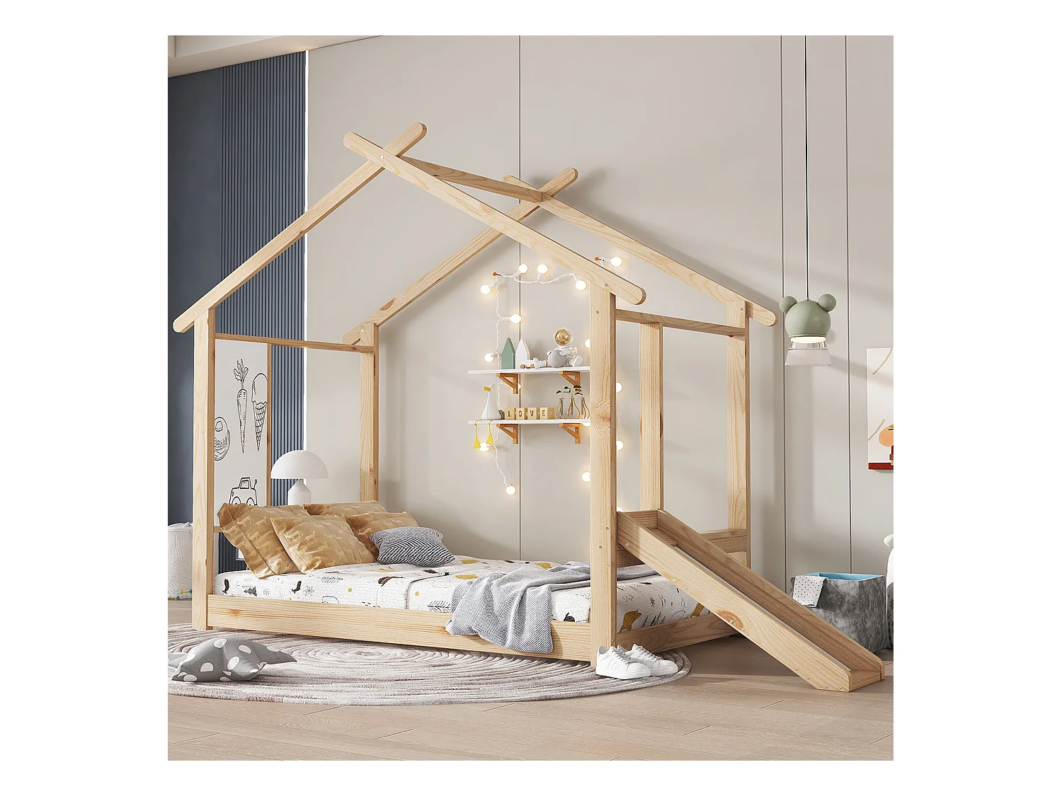 Lit enfant cabane naturelle 90x200cm avec tableau blanc inscriptible et toboggan, pin + MDF (sans matelas)