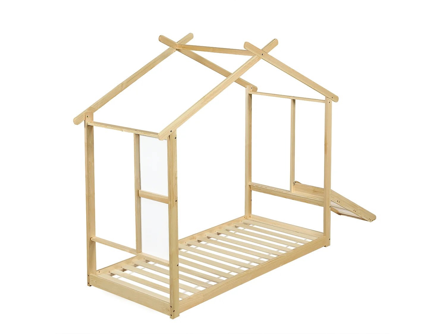 Cama infantil cabina natural 90x200cm con pizarra blanca y tobogán, pino + MDF (sin colchón)