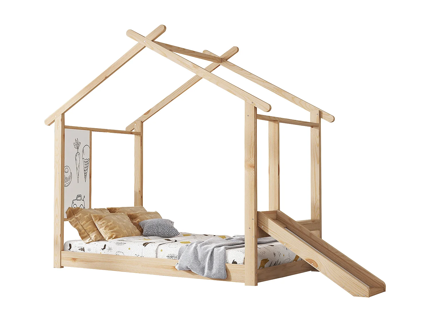 Cama infantil cabina natural 90x200cm con pizarra blanca y tobogán, pino + MDF (sin colchón)