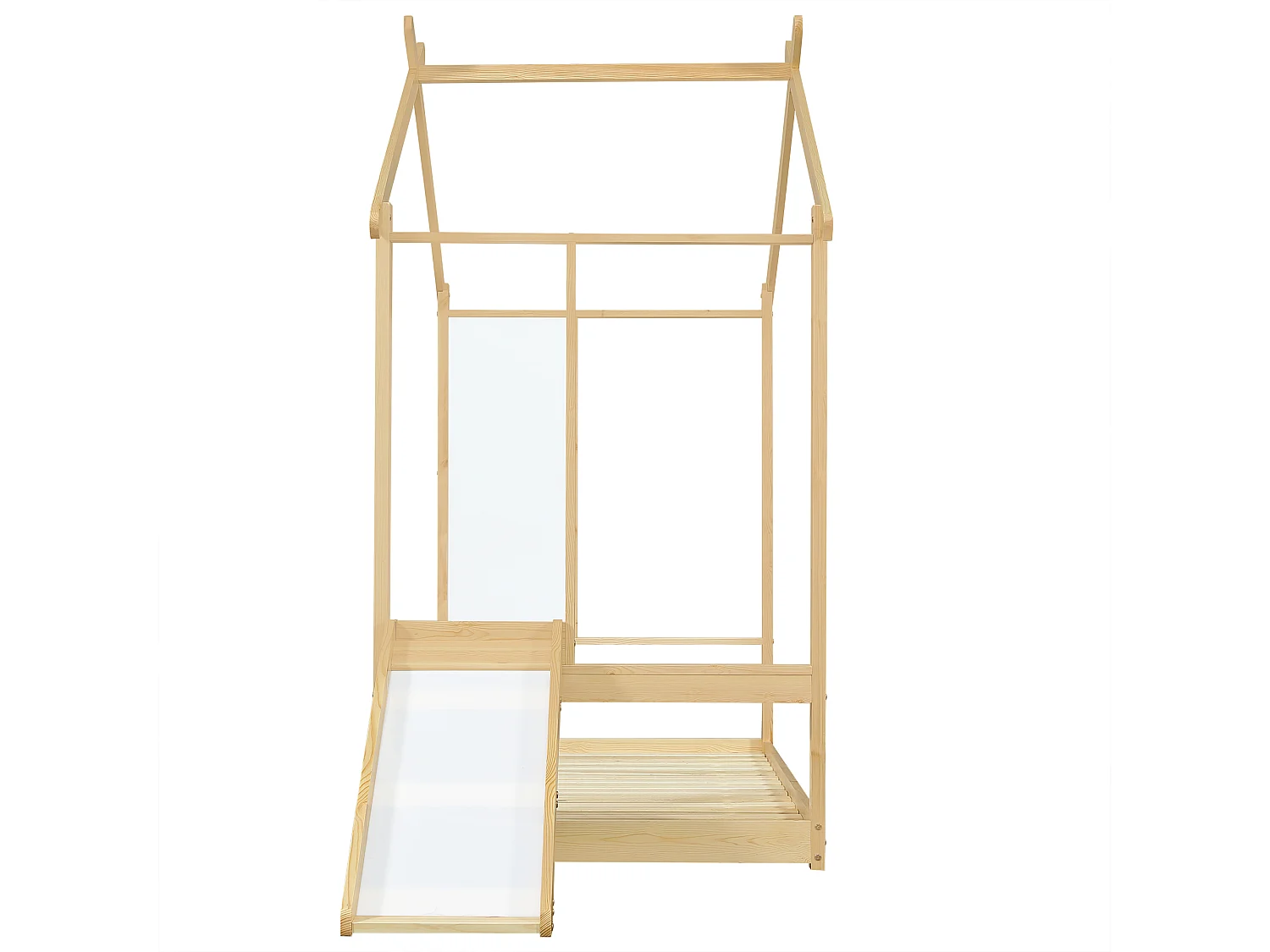 Cama infantil cabina natural 90x200cm con pizarra blanca y tobogán, pino + MDF (sin colchón)