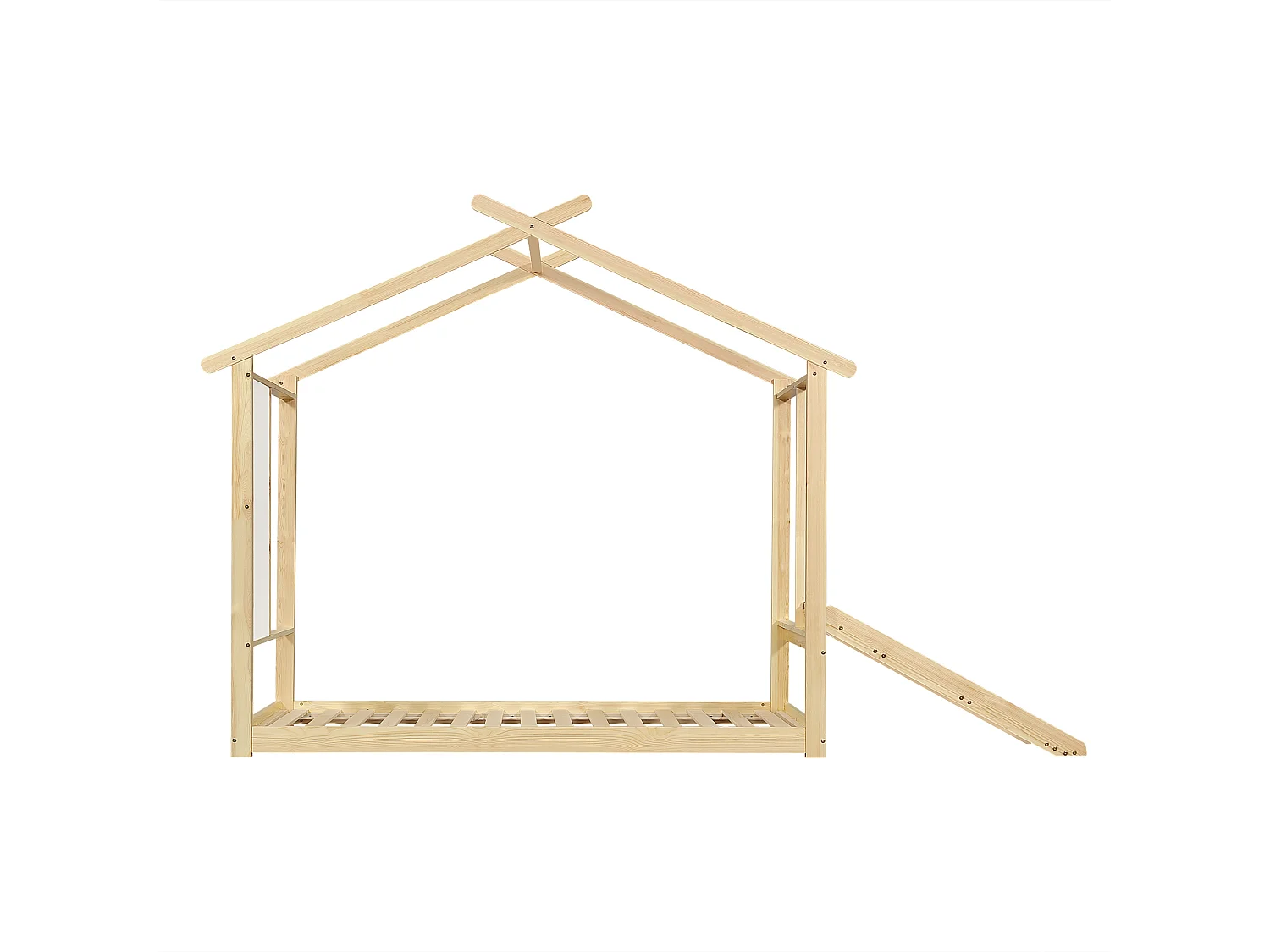 Cama infantil cabina natural 90x200cm con pizarra blanca y tobogán, pino + MDF (sin colchón)