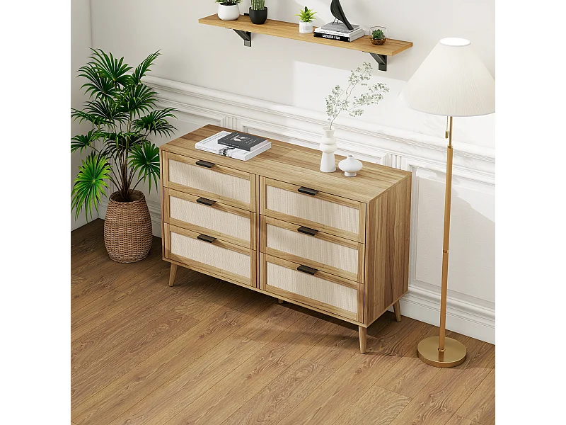 Cômoda cor nogueira com trama de vime e seis gavetas, comprimento 118,5 cm, pés de pinho, adequada para quartos, salas de estar, escritórios e outros cômodos