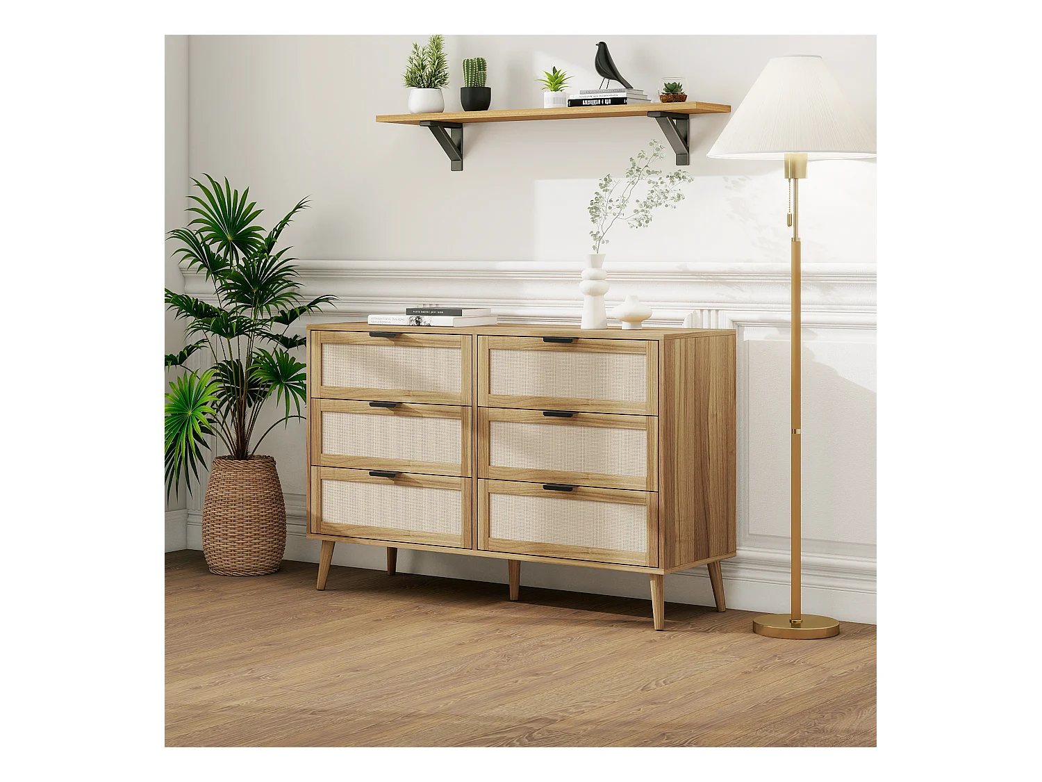 Cassettiera color noce con intreccio in rattan e sei cassetti, lunghezza 118,5 cm, gambe in pino, adatta per camere da letto, soggiorni, uffici e altri ambienti