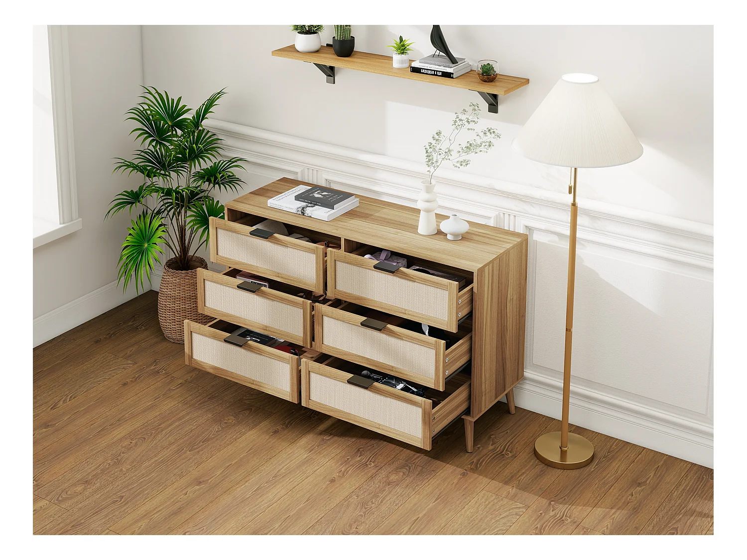 Cassettiera color noce con intreccio in rattan e sei cassetti, lunghezza 118,5 cm, gambe in pino, adatta per camere da letto, soggiorni, uffici e altri ambienti