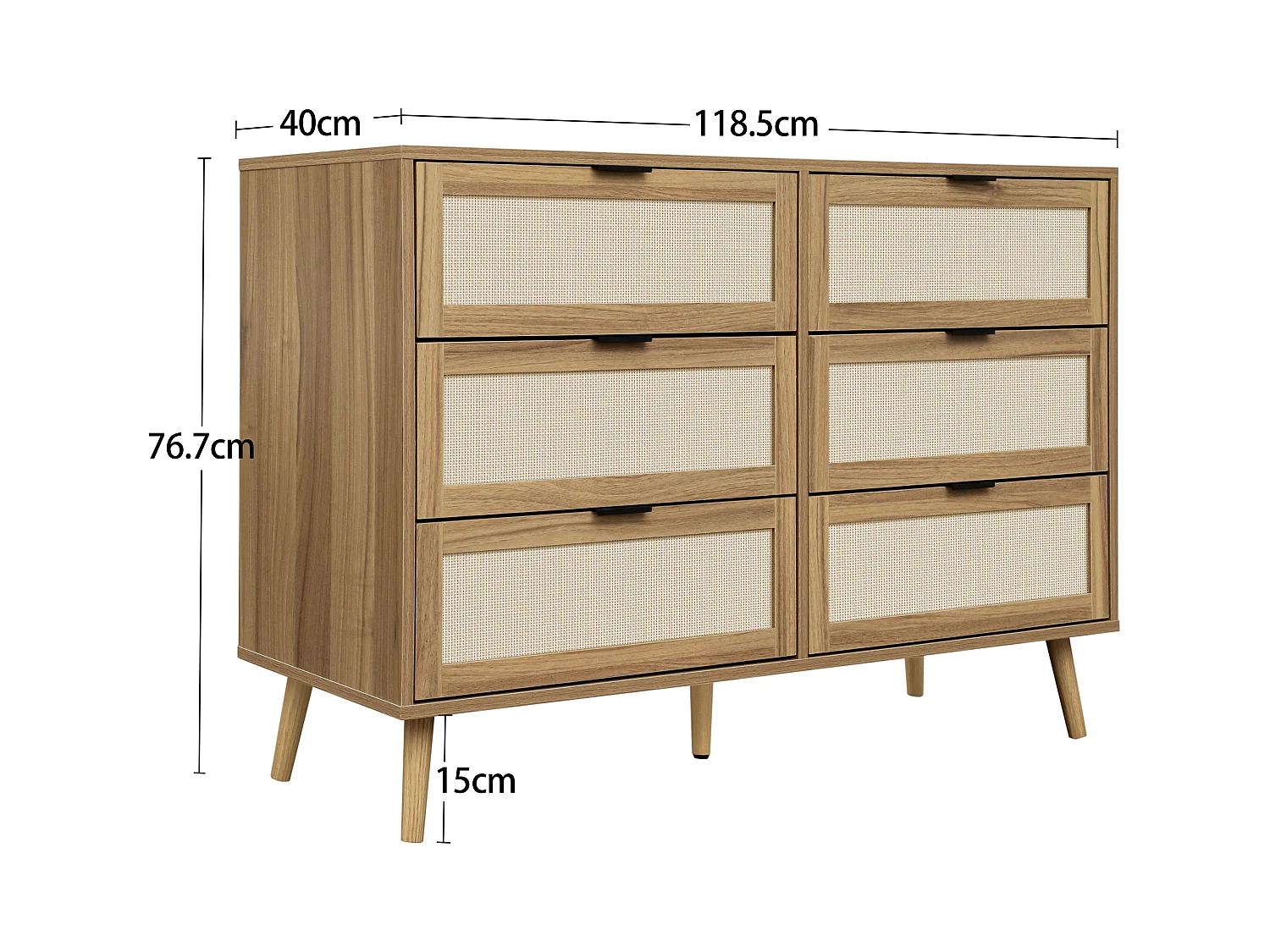 Cassettiera color noce con intreccio in rattan e sei cassetti, lunghezza 118,5 cm, gambe in pino, adatta per camere da letto, soggiorni, uffici e altri ambienti