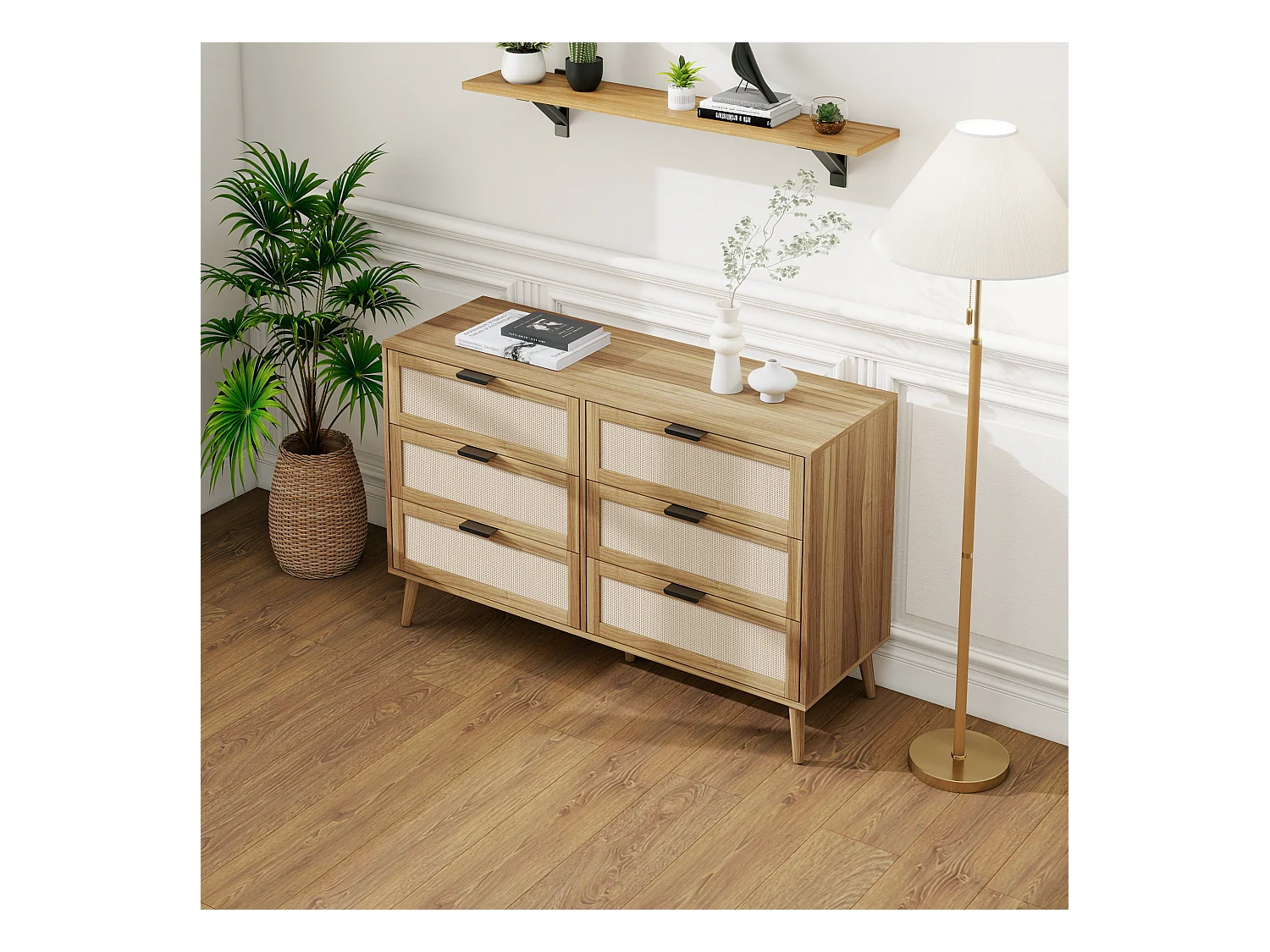 Cassettiera color noce con intreccio in rattan e sei cassetti, lunghezza 118,5 cm, gambe in pino, adatta per camere da letto, soggiorni, uffici e altri ambienti