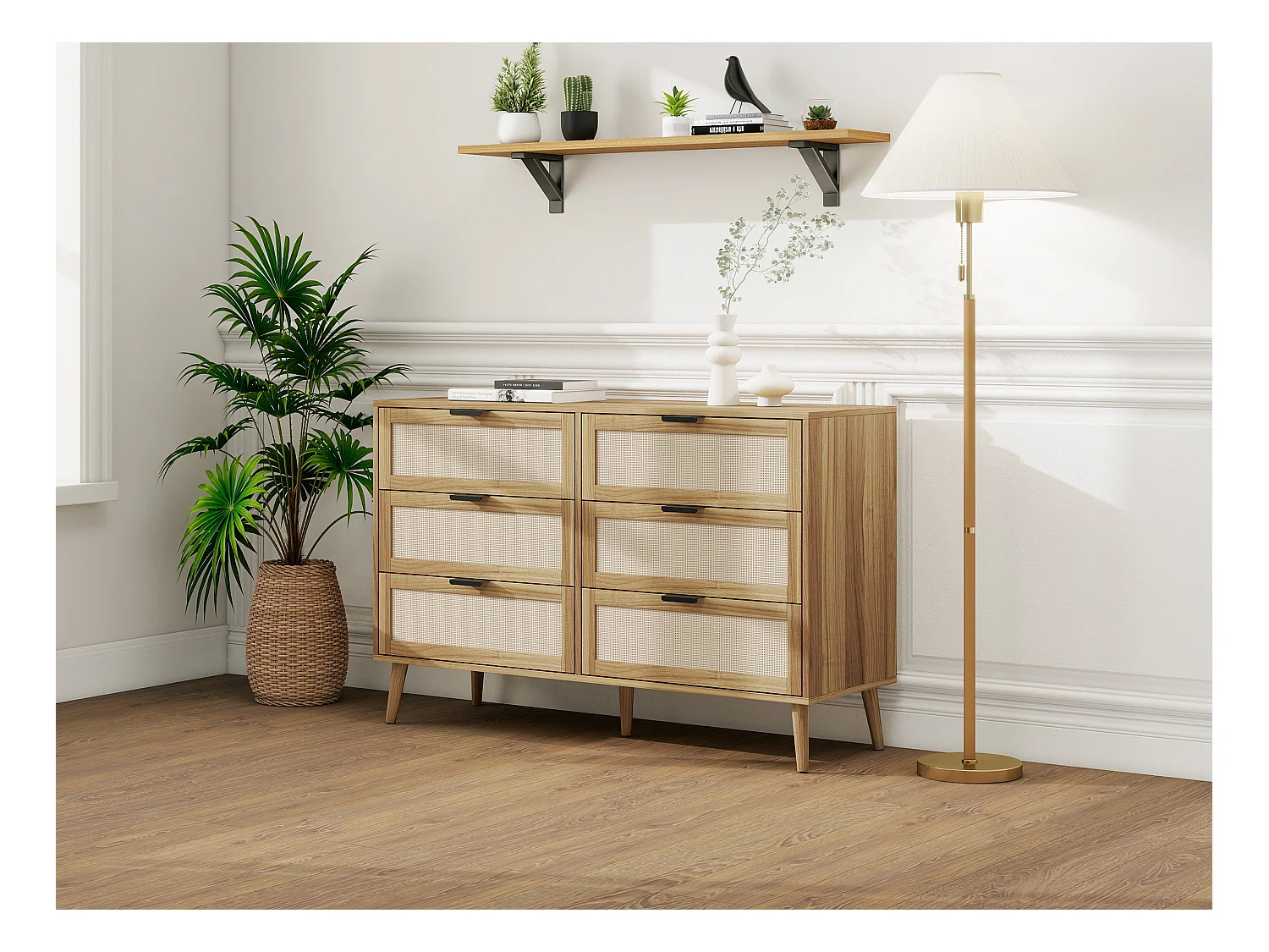 Cassettiera color noce con intreccio in rattan e sei cassetti, lunghezza 118,5 cm, gambe in pino, adatta per camere da letto, soggiorni, uffici e altri ambienti