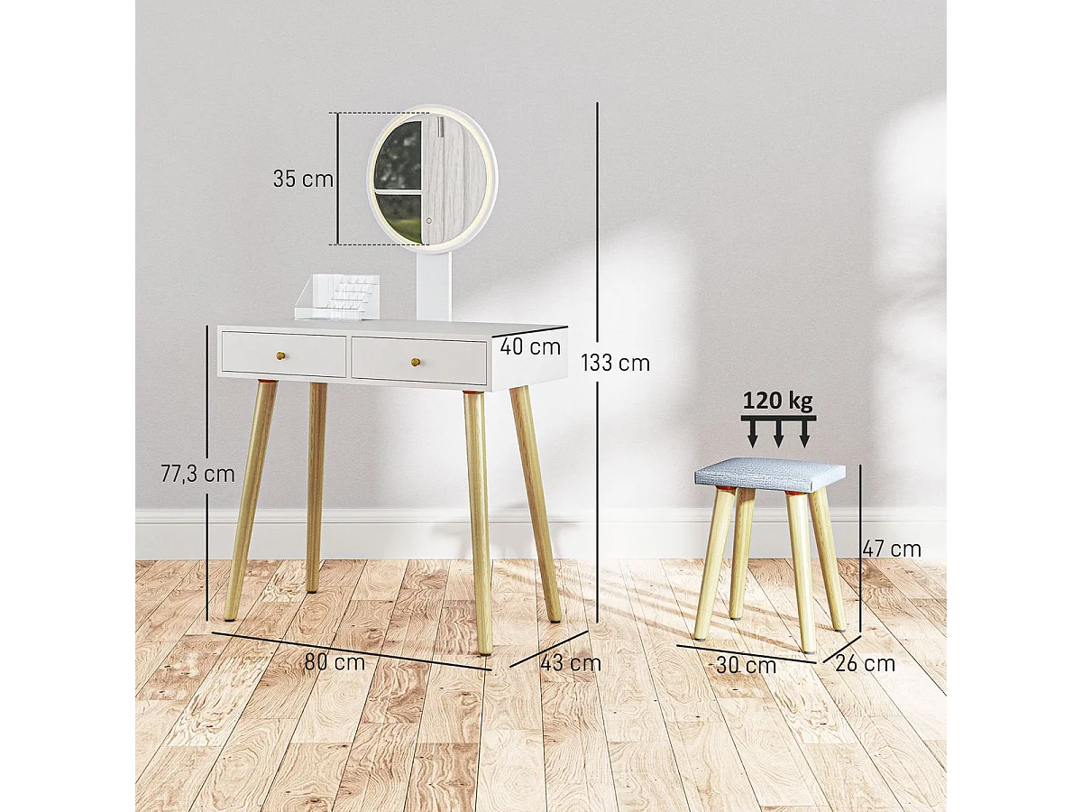 Tocador Chloe Homcom espejo LED + 2 cajones + taburete blanco 133x80x43 cm
