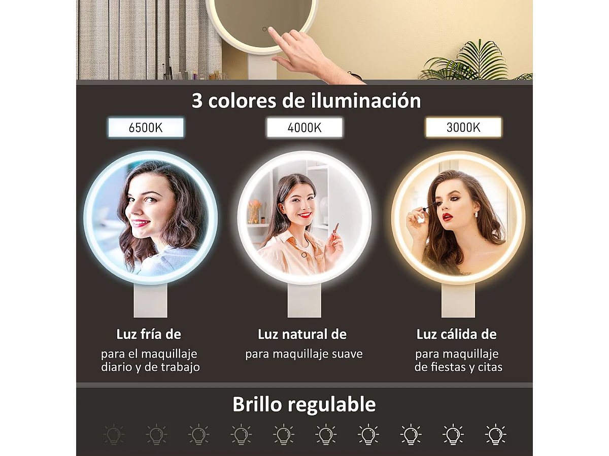 Tocador Chloe Homcom espejo LED + 2 cajones + taburete blanco 133x80x43 cm