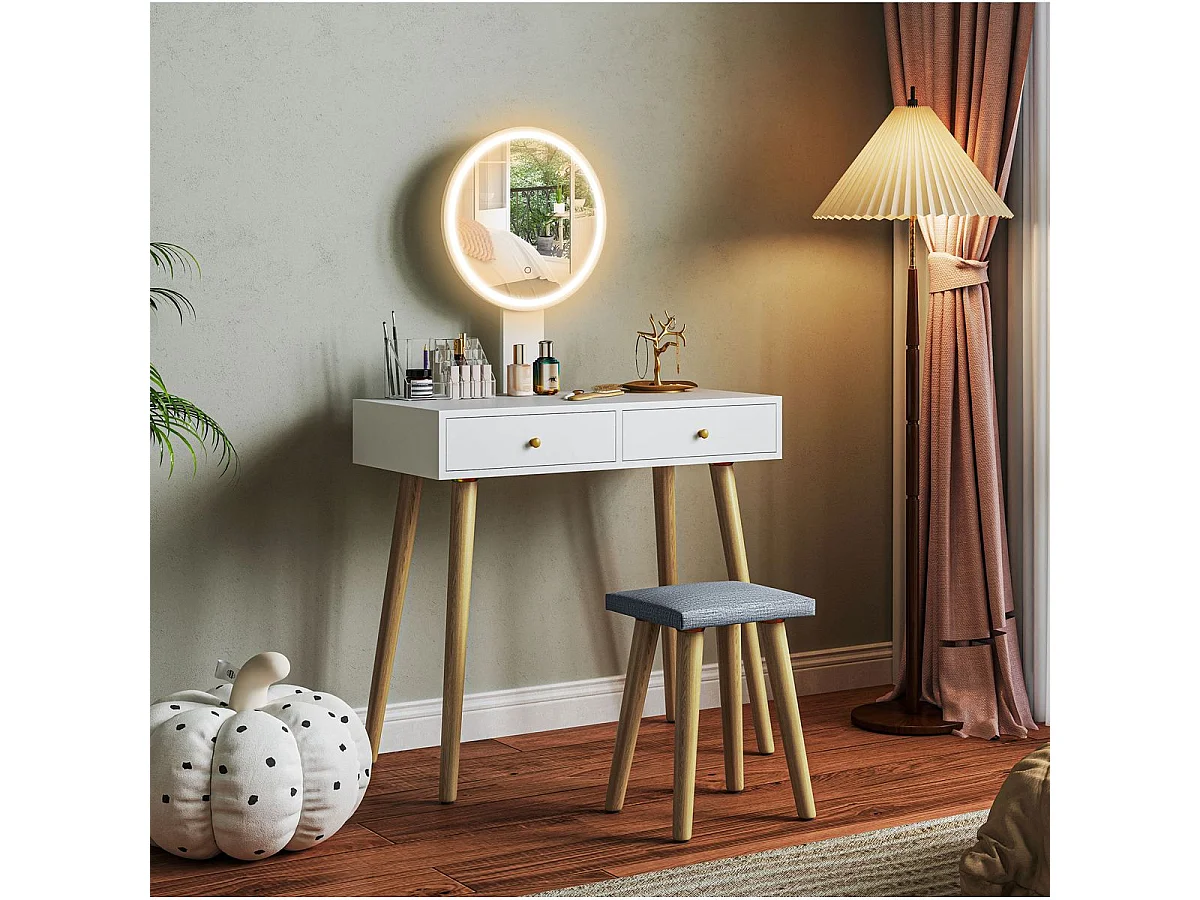 Tocador Chloe Homcom espejo LED + 2 cajones + taburete blanco 133x80x43 cm