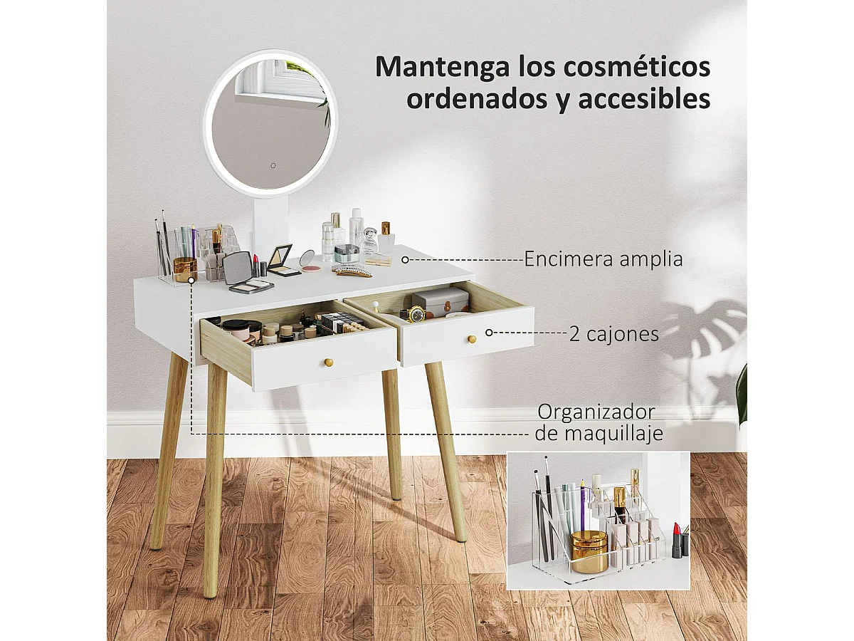 Tocador Chloe Homcom espejo LED + 2 cajones + taburete blanco 133x80x43 cm