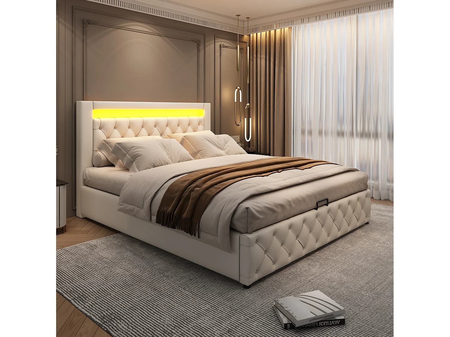 Lit coffre double 140x200cm, espace de rangement,  LED,  tissu en fond,  en PU blanc,  sans matelas