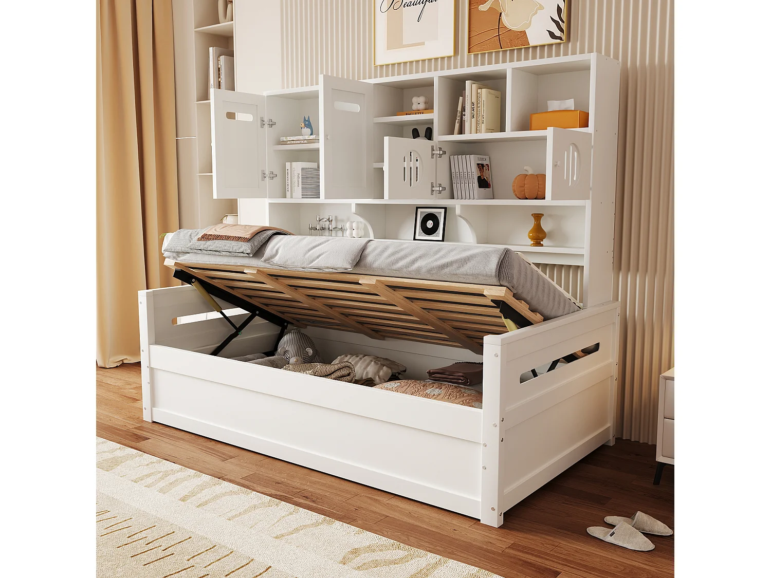 Lit coffre banquette simple blanc 90x200cm avec 4 portes et rangement, sans matelas