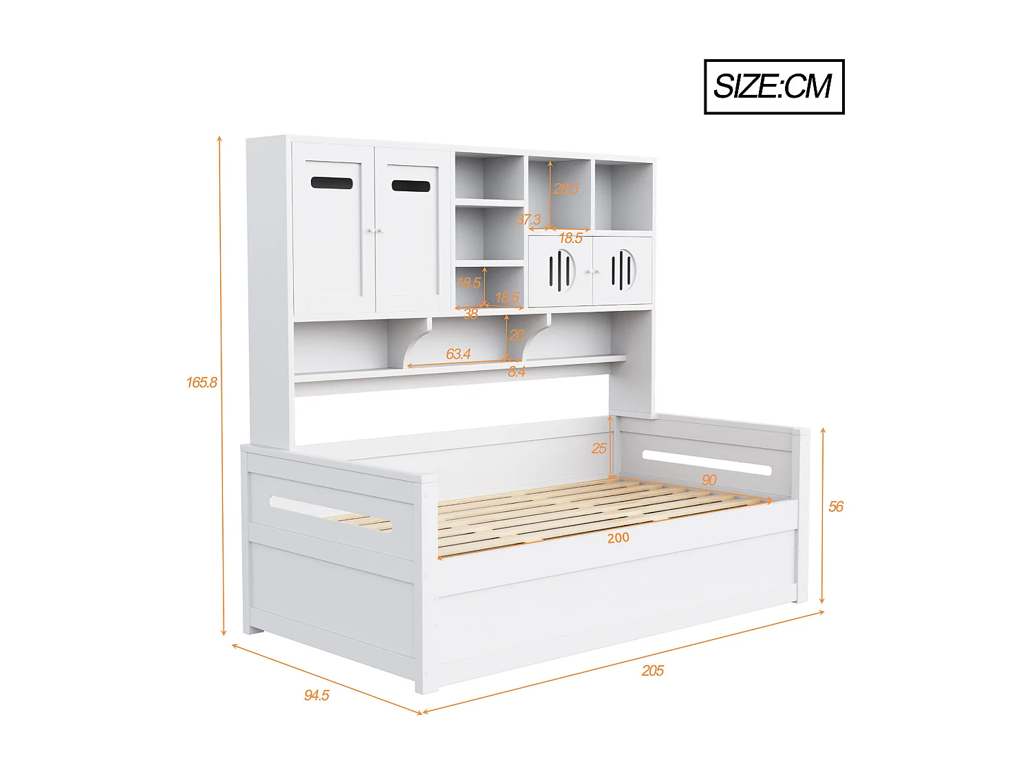 Lit coffre banquette simple blanc 90x200cm avec 4 portes et rangement, sans matelas