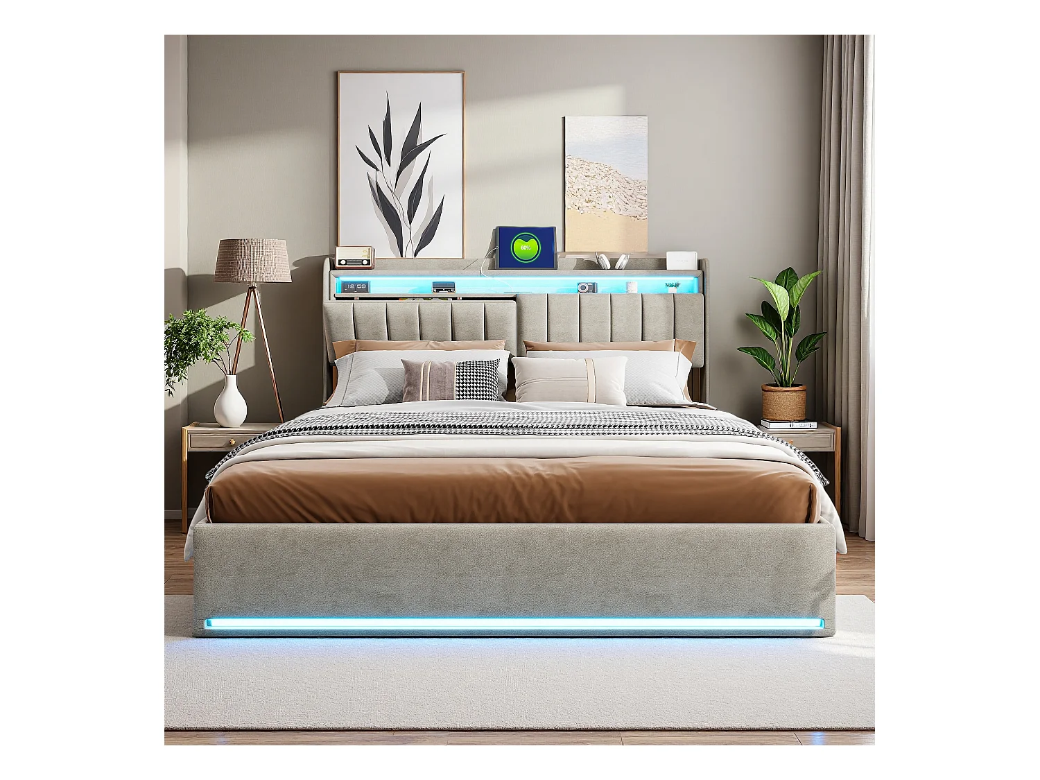Cama con espacio de almacenamiento de 140 x 190 cm en terciopelo gris con cabecero tapizado, luces LED integradas, práctico espacio de almacenamiento y puerto USB.