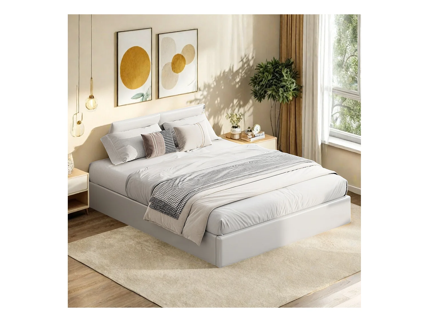 Cama doble blanca 160x200 cm con cabecero con almacenaje y jack box, cabecero LED, controles APP, diseño moderno y práctico