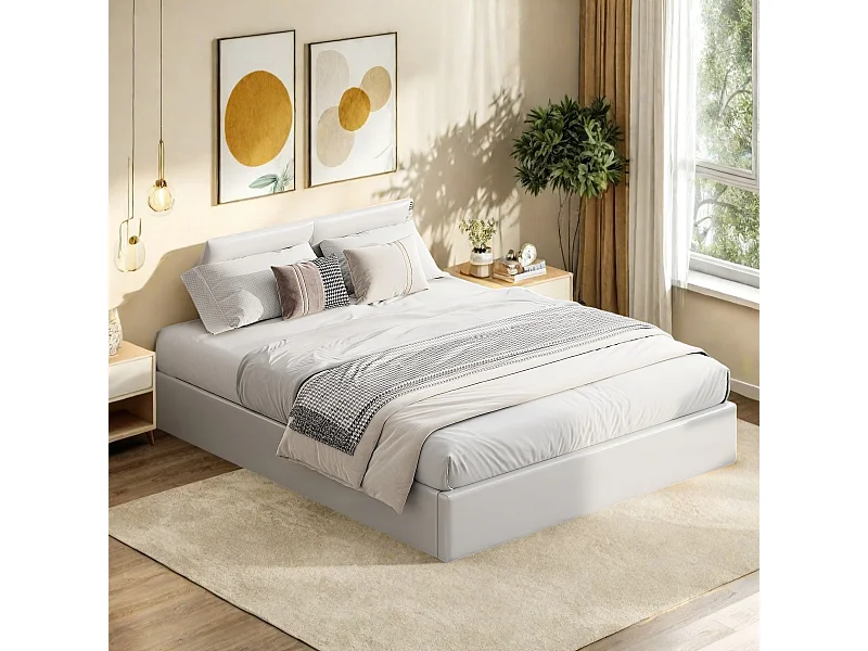 Lit double 160x200 cm blanc avec rangement tête et coffre à vérin, LED tête de lit, commandes via APP, design moderne et pratique