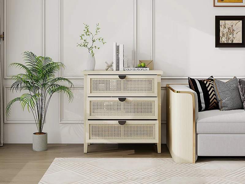 Aparador de 80 cm, madeira natural, 3 gavetas com frentes em rattan alveolar intercambiáveis. Perfeito para sala de estar, escritório ou espaço de trabalho