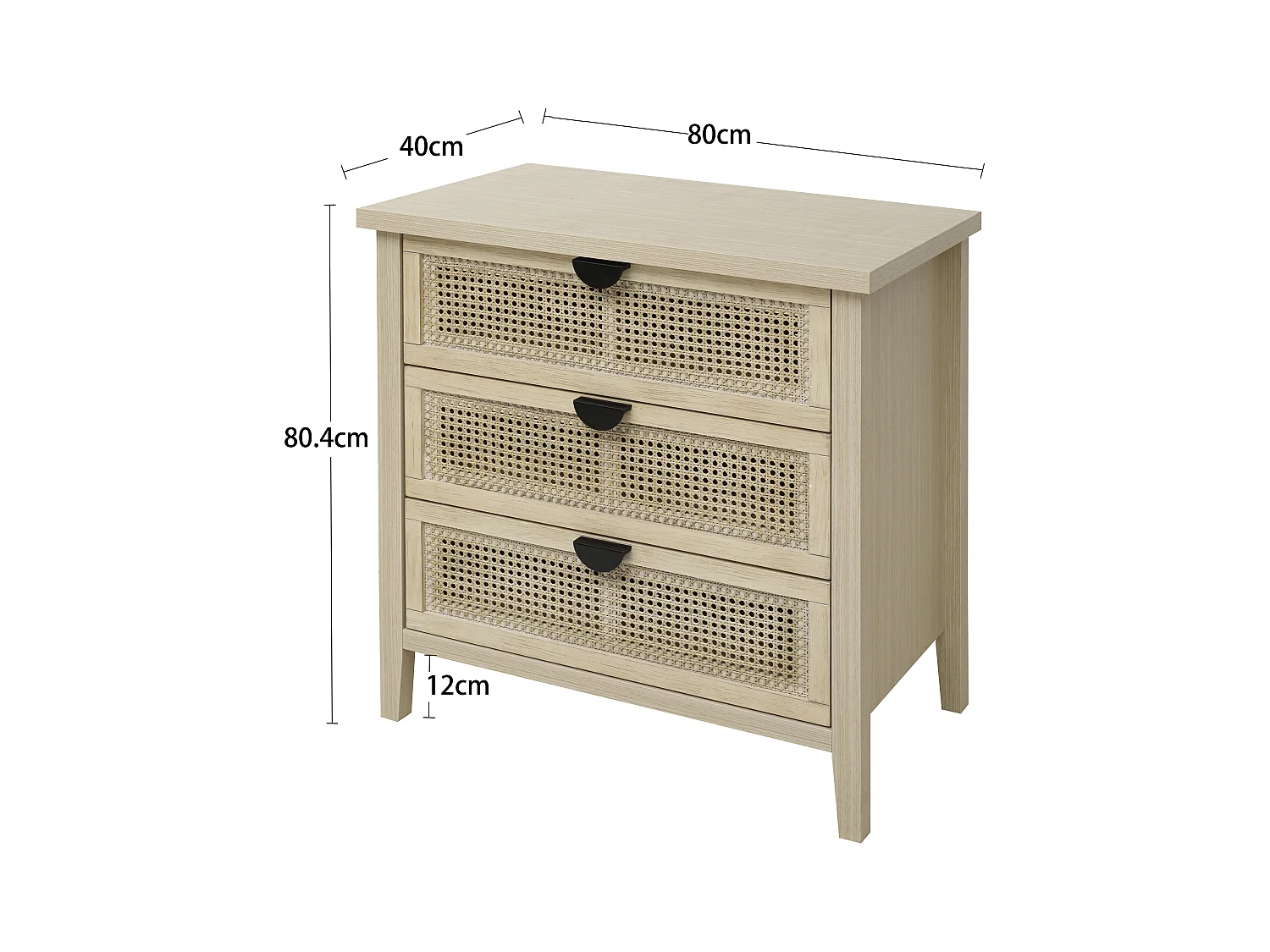 Tavolino da 80 cm, in legno naturale, con 3 cassetti e frontali intercambiabili in rattan a nido d'ape. Perfetto per soggiorno, ufficio o spazio di lavoro.