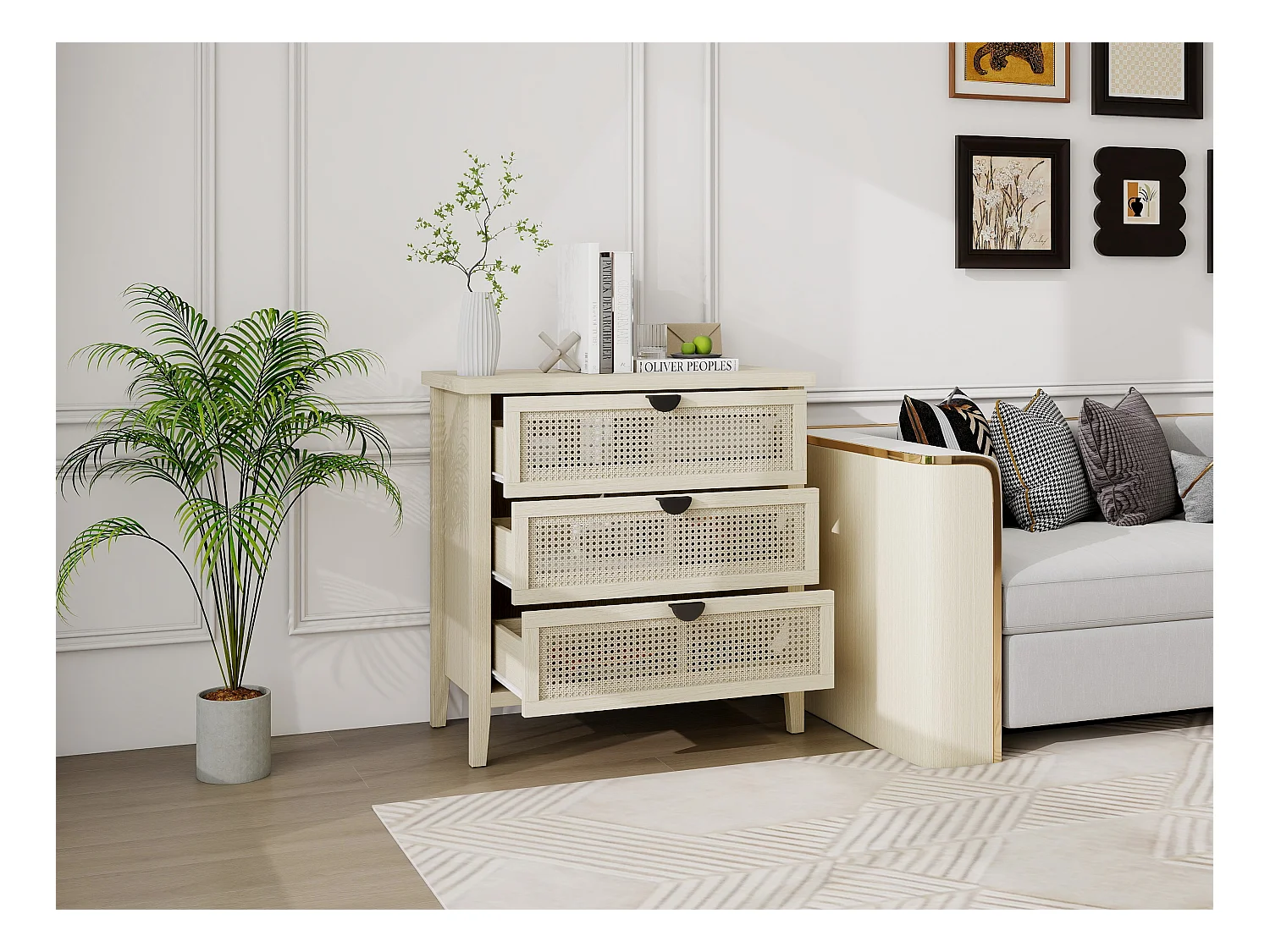 Tavolino da 80 cm, in legno naturale, con 3 cassetti e frontali intercambiabili in rattan a nido d'ape. Perfetto per soggiorno, ufficio o spazio di lavoro.