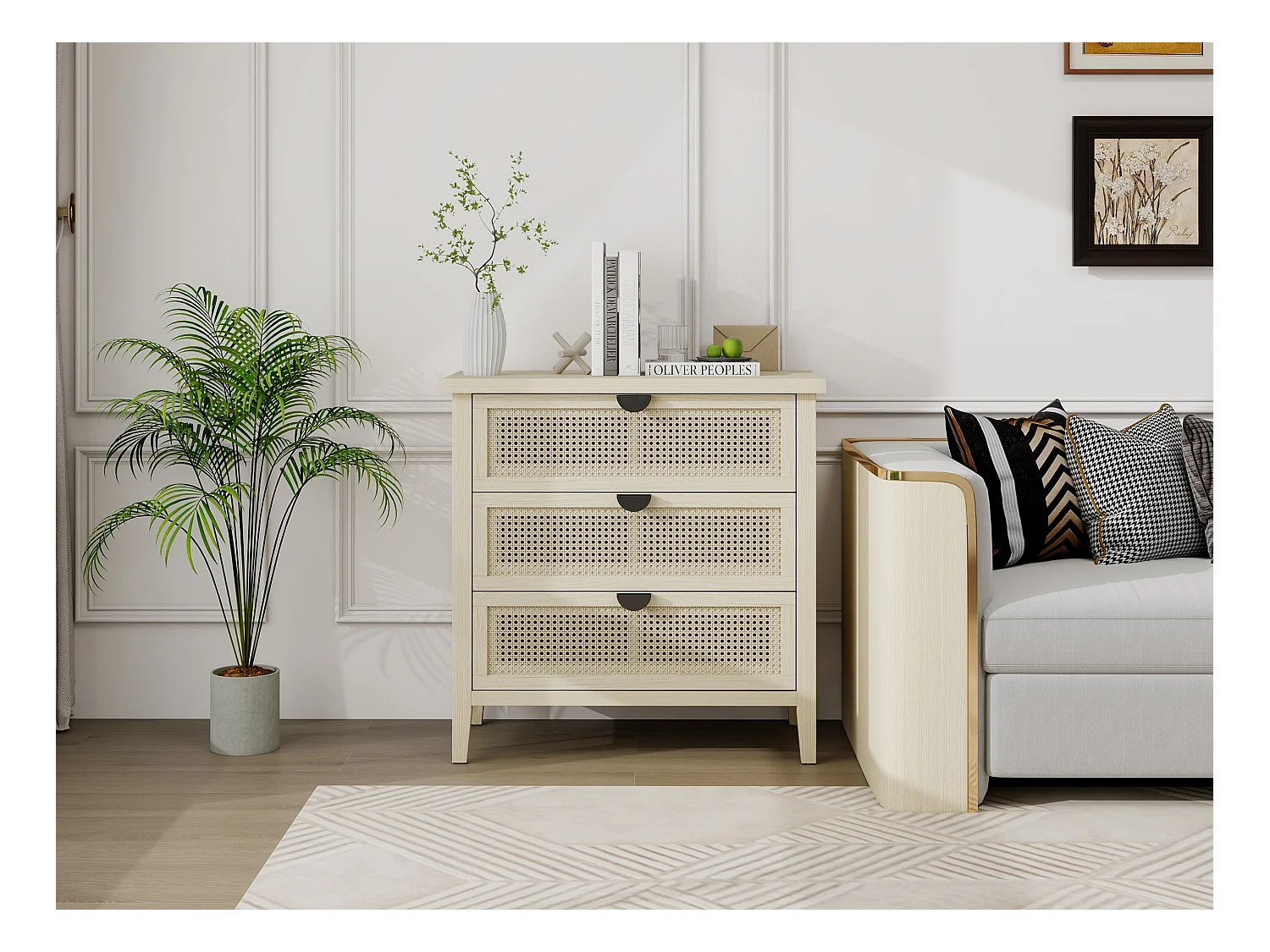 Tavolino da 80 cm, in legno naturale, con 3 cassetti e frontali intercambiabili in rattan a nido d'ape. Perfetto per soggiorno, ufficio o spazio di lavoro.