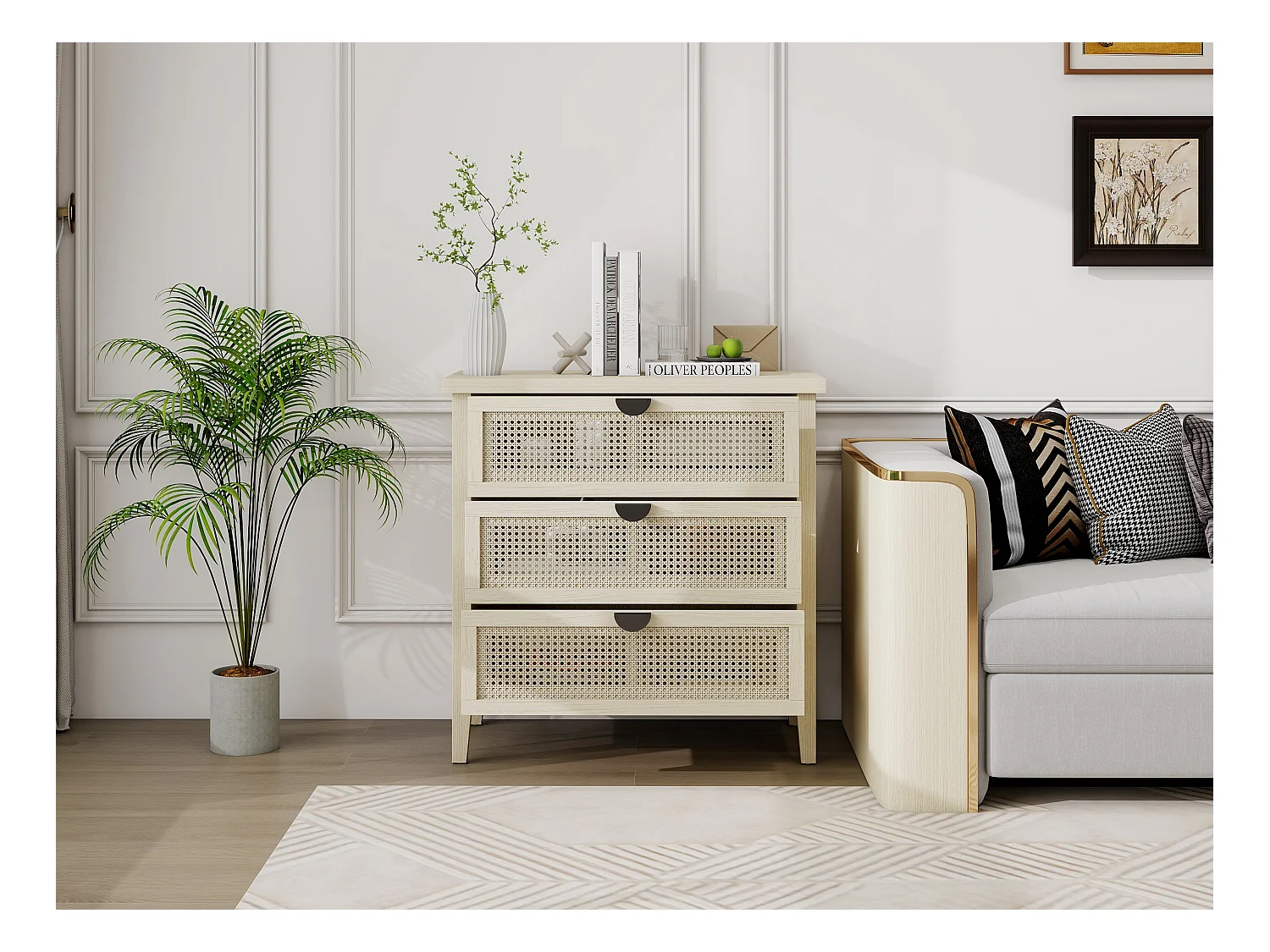 Mueble auxiliar de 80 cm de largo, madera natural, 3 cajones con frentes intercambiables de ratán alveolado. Ideal para salón, oficina o espacio de trabajo.