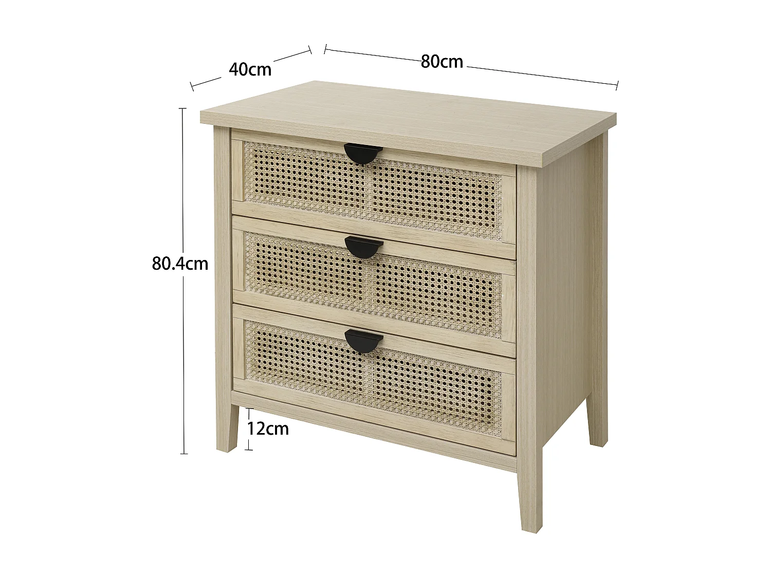 Meuble d'appoint 80 cm, bois naturel, 3 tiroirs façades rotin nid d’abeille interchangeables. Parfait pour salon, bureau ou espace de travail