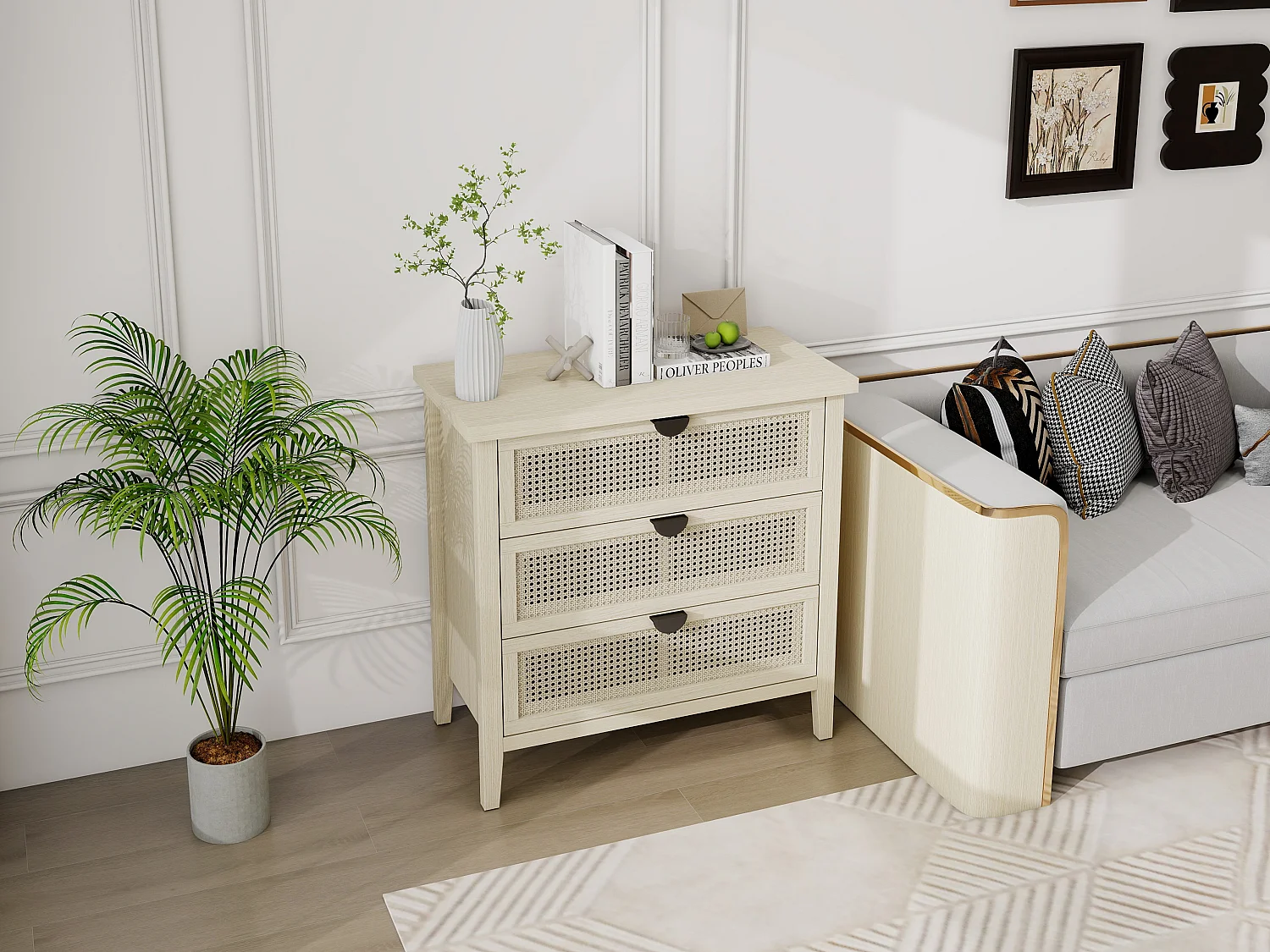 Meuble d'appoint 80 cm, bois naturel, 3 tiroirs façades rotin nid d’abeille interchangeables. Parfait pour salon, bureau ou espace de travail