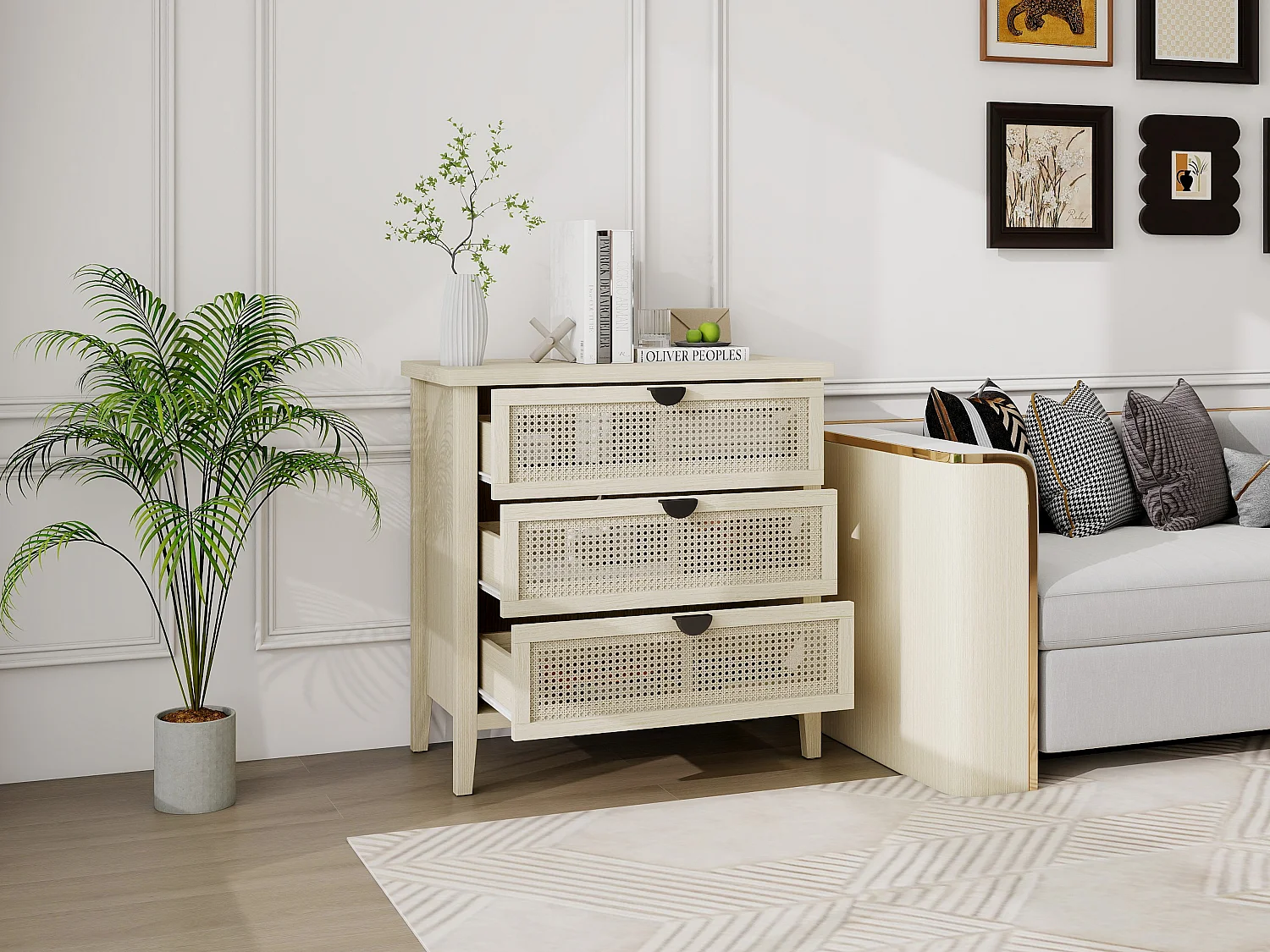 Meuble d'appoint 80 cm, bois naturel, 3 tiroirs façades rotin nid d’abeille interchangeables. Parfait pour salon, bureau ou espace de travail