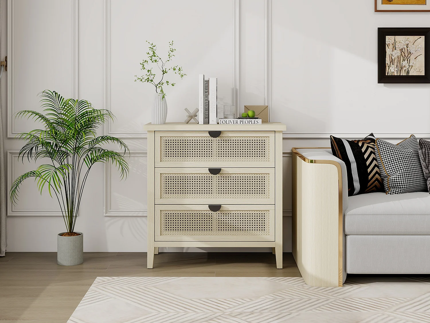 Meuble d'appoint 80 cm, bois naturel, 3 tiroirs façades rotin nid d’abeille interchangeables. Parfait pour salon, bureau ou espace de travail