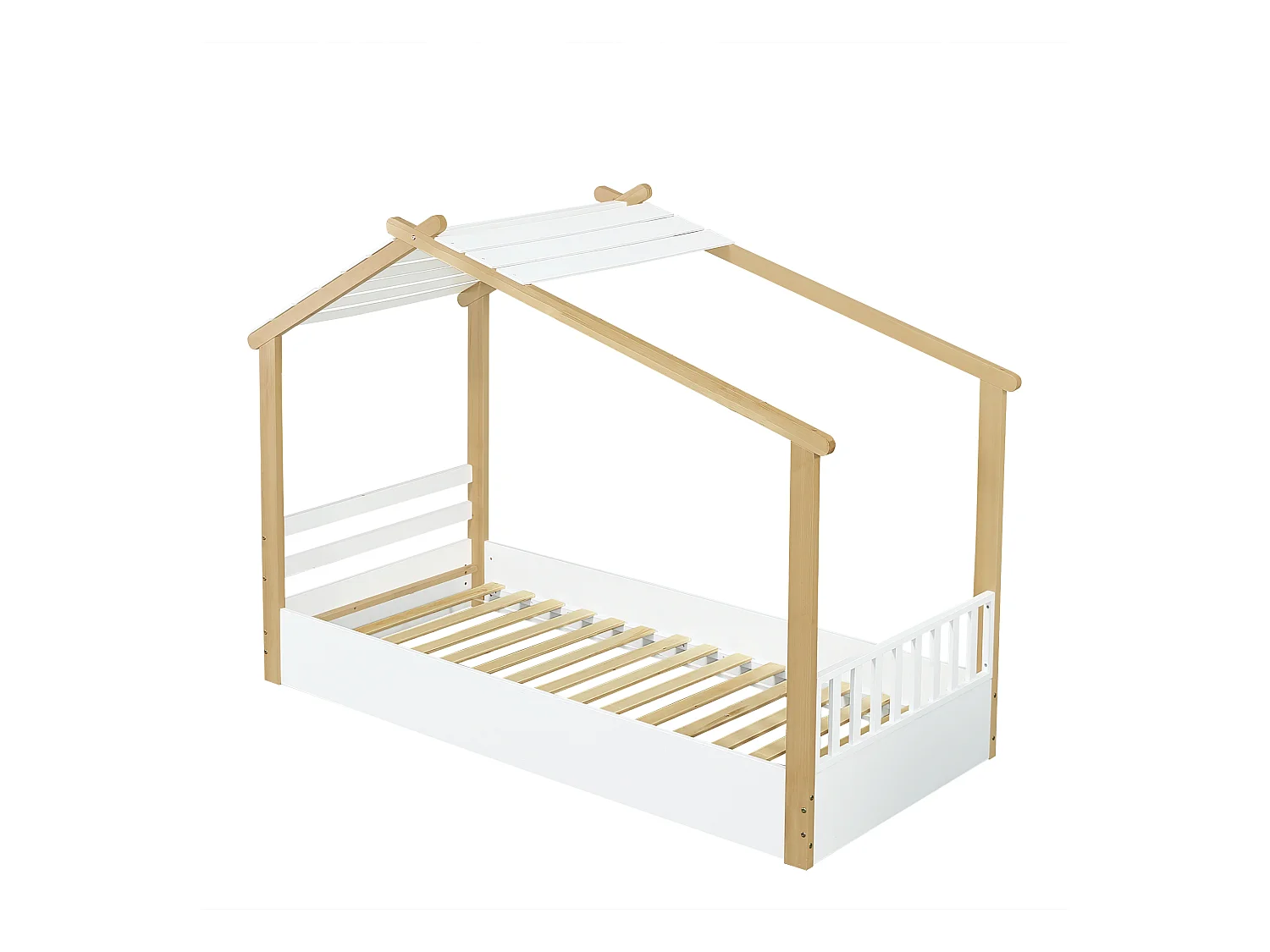 Lit cabane enfant blanc et naturel 90x200 cm avec sommier à lattes, pin + MDF, sans matelas