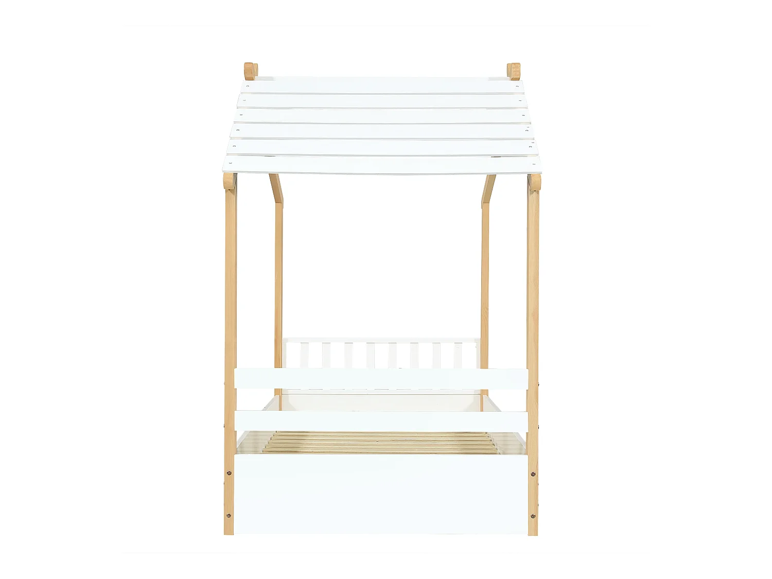 Lit cabane enfant blanc et naturel 90x200 cm avec sommier à lattes, pin + MDF, sans matelas
