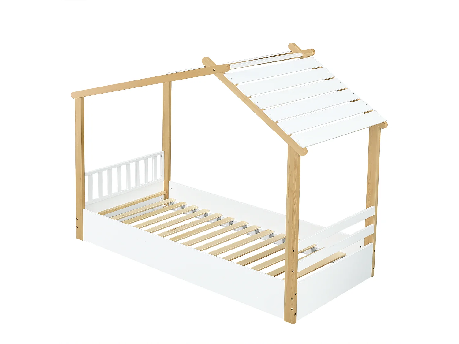 Cama infantil cabina blanca y natural 90x200 cm con somier de láminas, pino + MDF, sin colchón