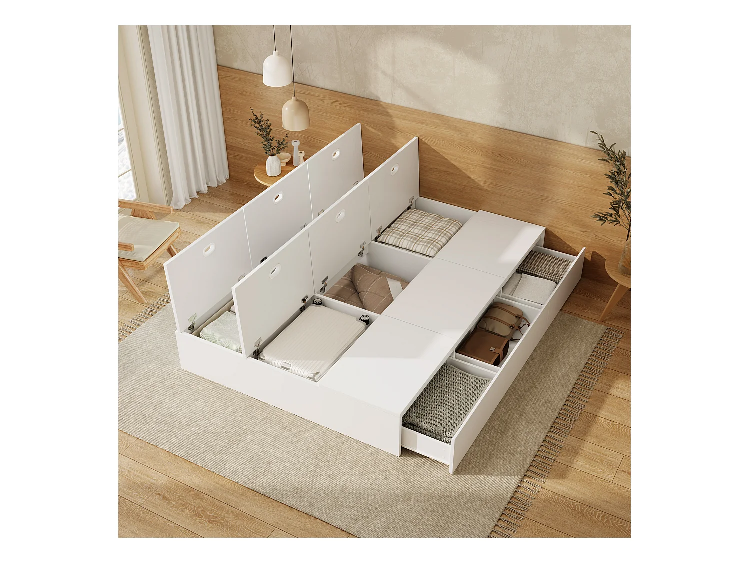 Lit double coffre blanc 140x200cm avec 3 tiroirs, sans tête de lit, sans matelas