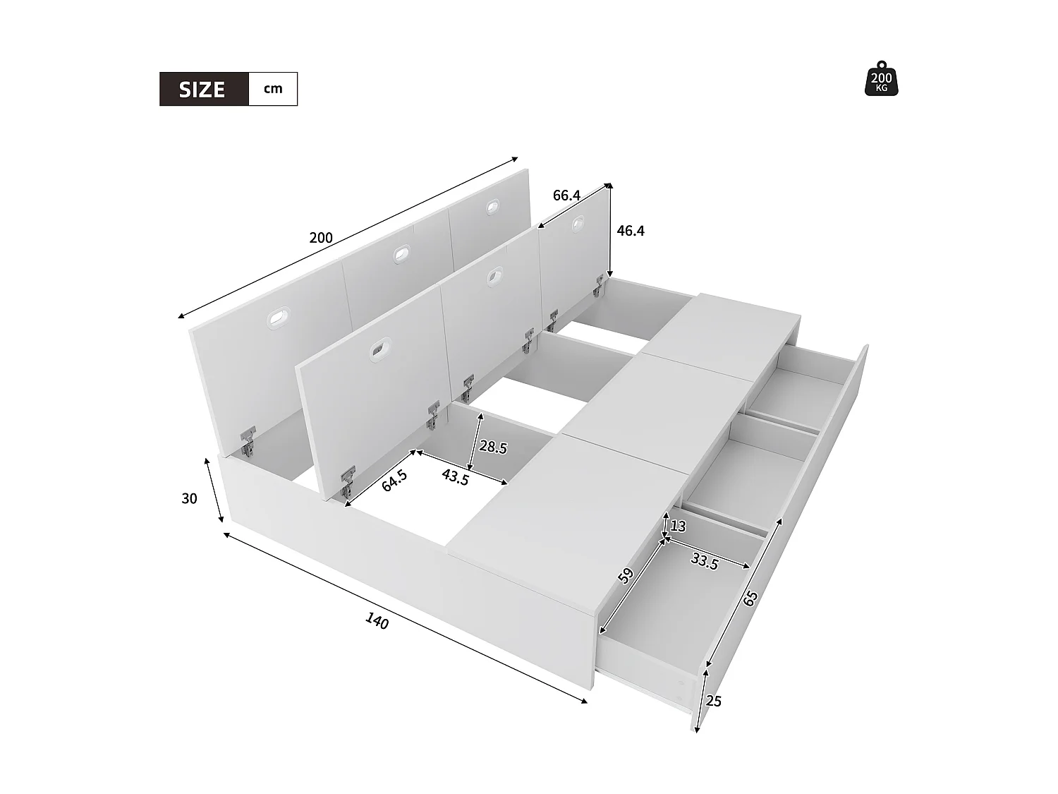 Lit double coffre blanc 140x200cm avec 3 tiroirs, sans tête de lit, sans matelas