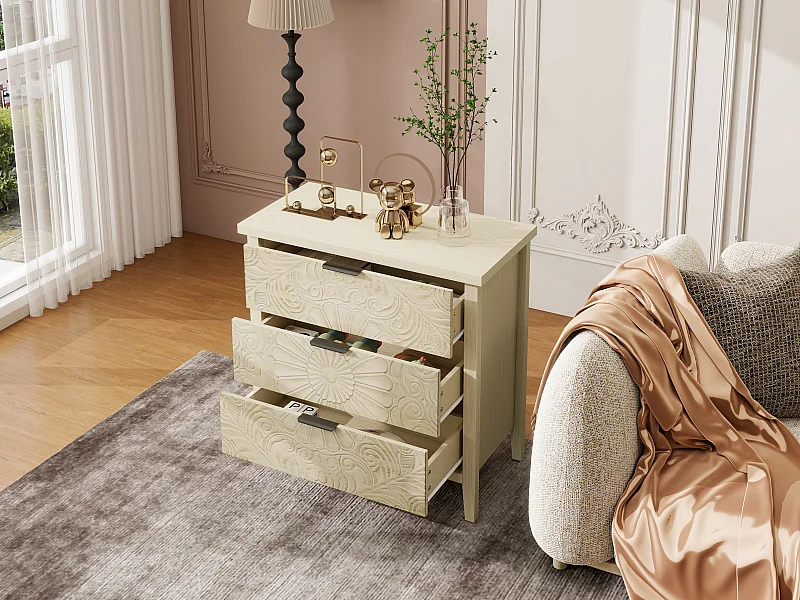 Móvel auxiliar em madeira natural, 3 gavetas com frentes intercambiáveis e padrão em relevo. Estilo modular, ideal para sala de estar ou quarto.