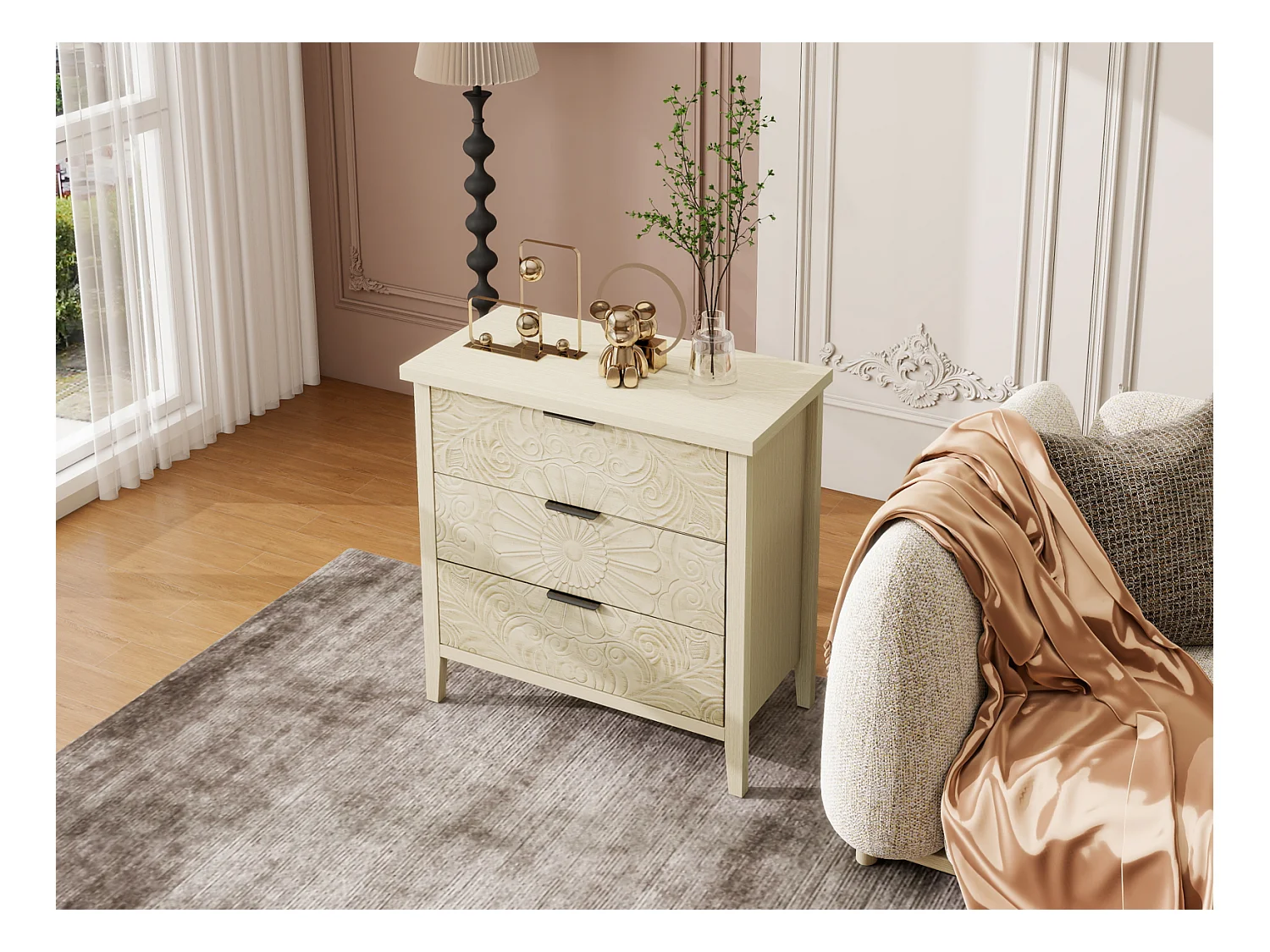 Mobiletto in legno naturale, 3 cassetti con frontali intercambiabili con motivo in rilievo. Stile modulare, ideale per soggiorno o camera da letto.