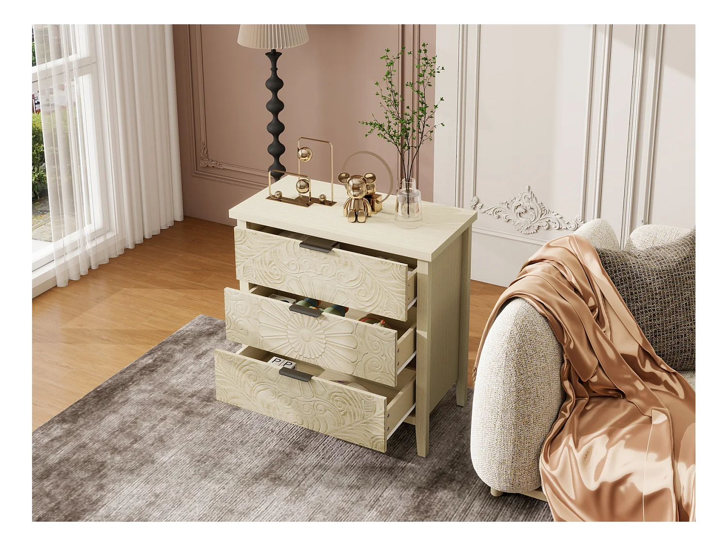 Mueble auxiliar de madera natural, 3 cajones con frentes intercambiables con relieve. Estilo modular, ideal para salón o dormitorio.