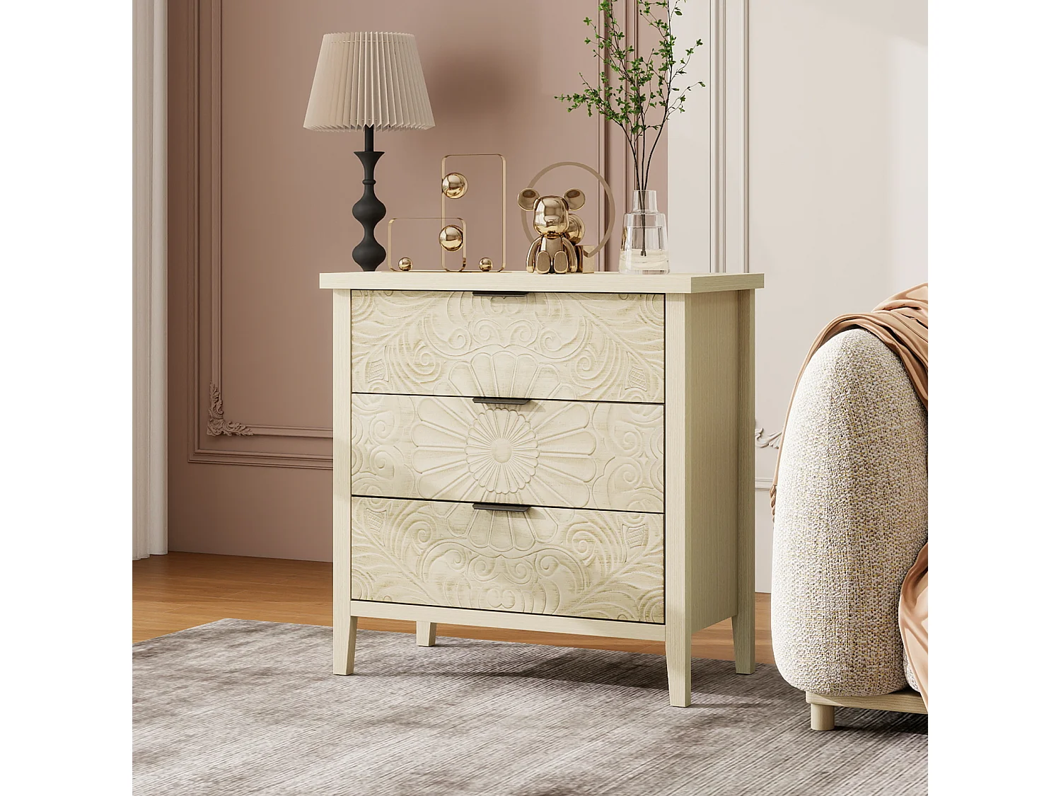 Meuble d'appoint bois naturel, 3 tiroirs à façades interchangeables avec motif en relief. Style modulable, idéal pour salon ou chambre