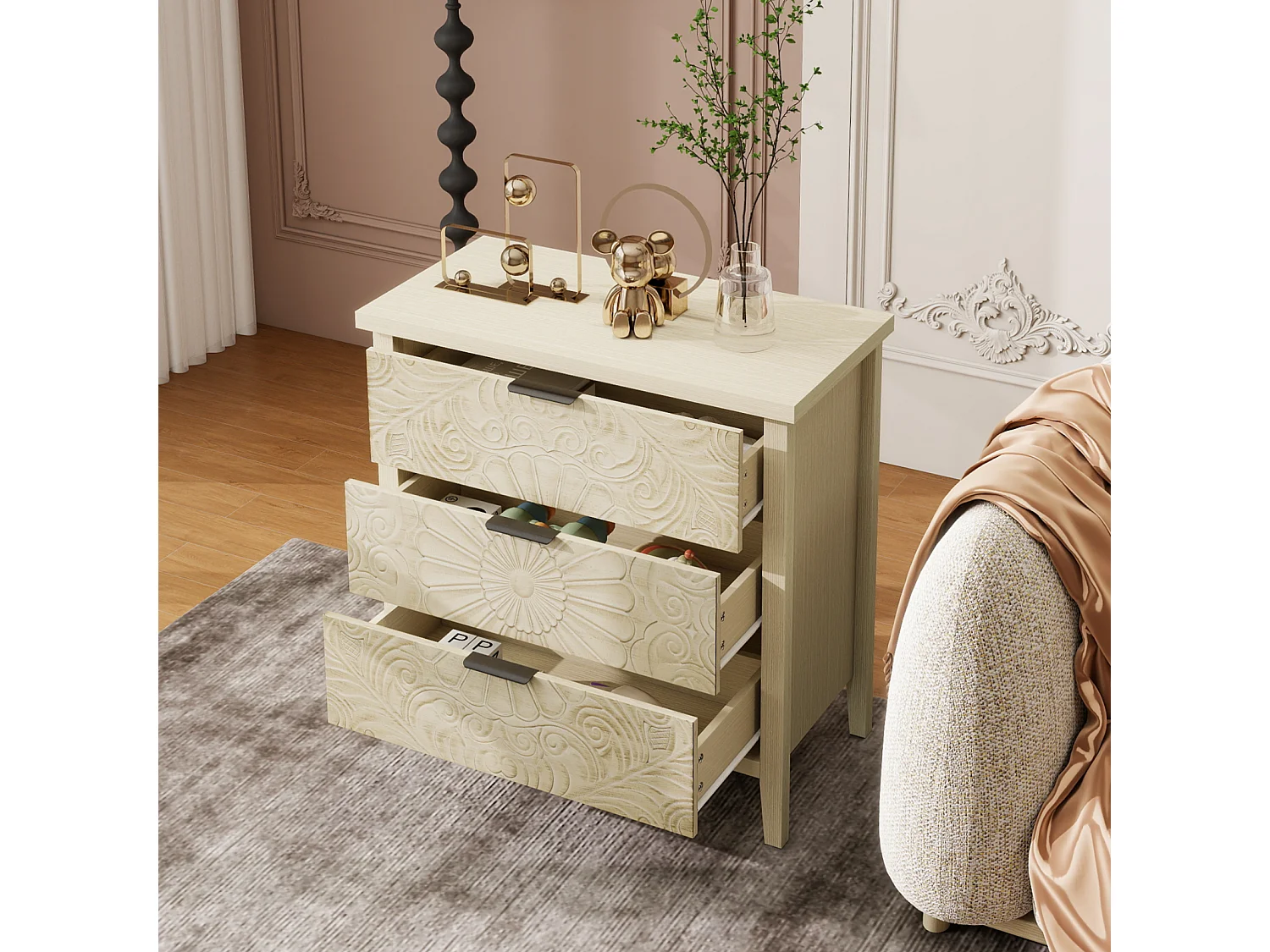 Meuble d'appoint bois naturel, 3 tiroirs à façades interchangeables avec motif en relief. Style modulable, idéal pour salon ou chambre
