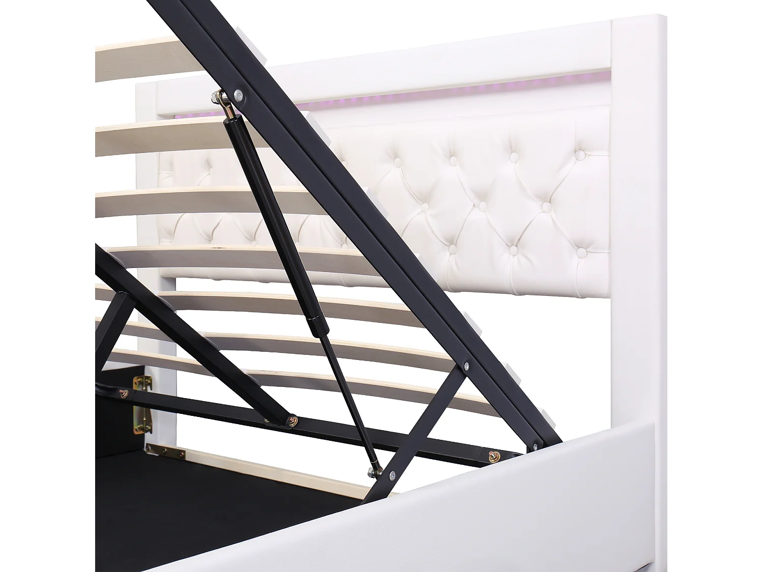 Lit coffre double 160x200cm, espace de rangement,  LED, tissu en fond,  en PU blanc, sans matelas