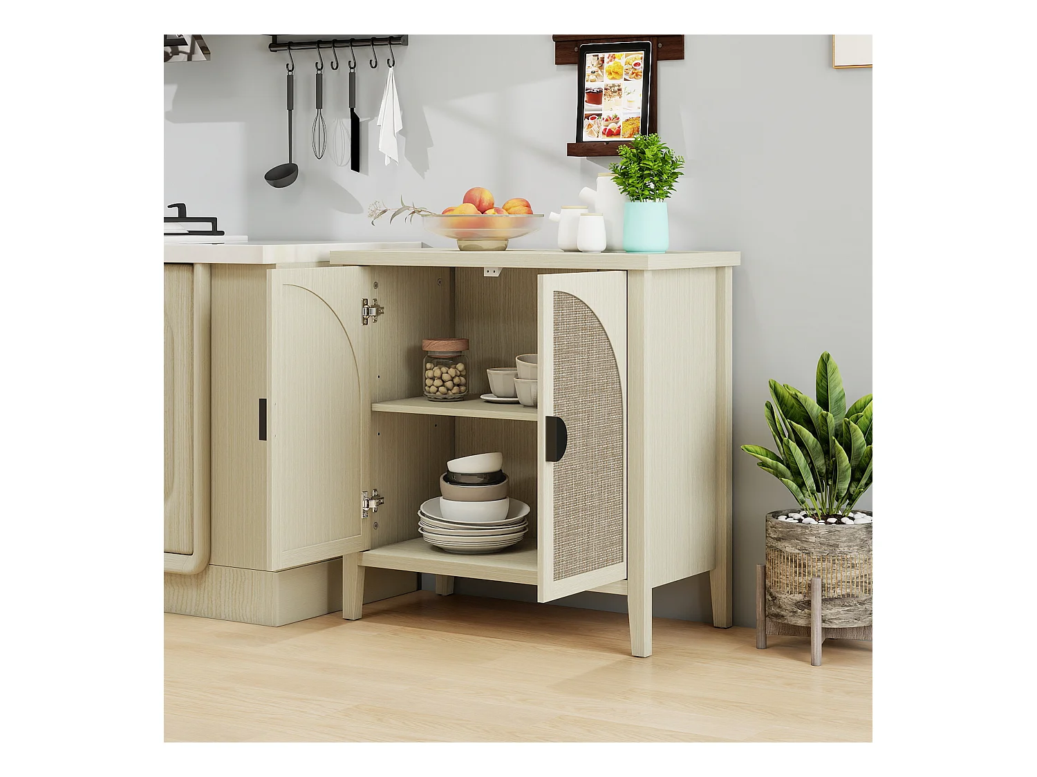 Mobile contenitore a due ante in rattan naturale, moderno mobiletto laterale o cassettiera, adatto per soggiorno, ingresso e cucina