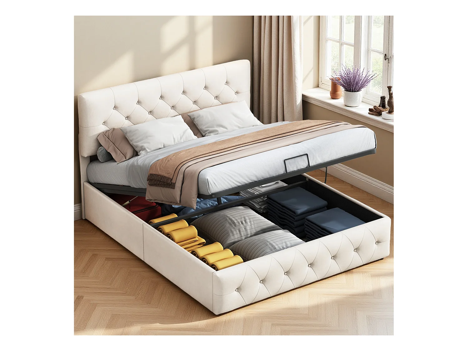 Letto matrimoniale 140x200 cm in velluto beige albicocca con contenitore jack, testiera e pediera imbottite, design comodo ed elegante