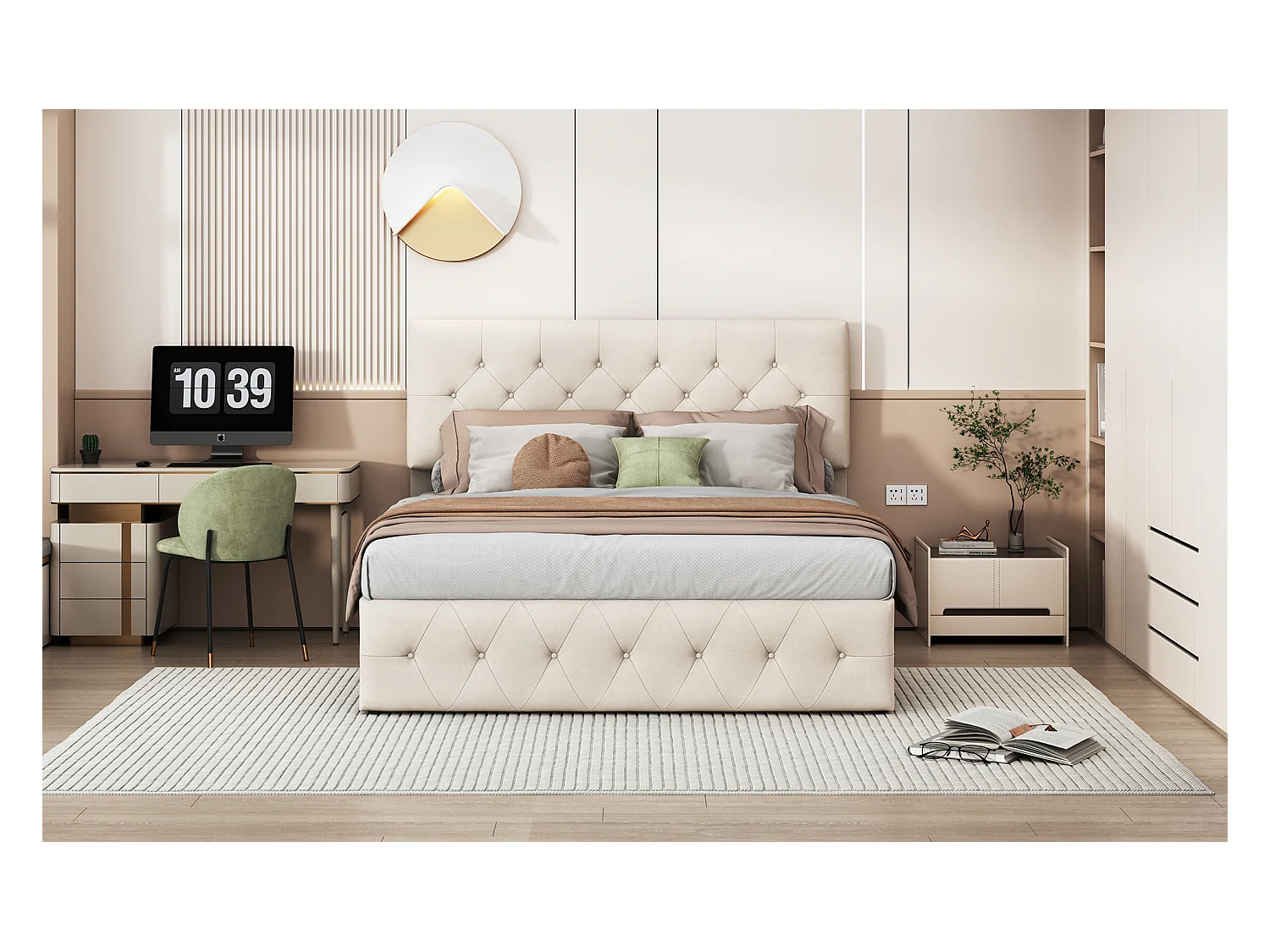 Letto matrimoniale 140x200 cm in velluto beige albicocca con contenitore jack, testiera e pediera imbottite, design comodo ed elegante