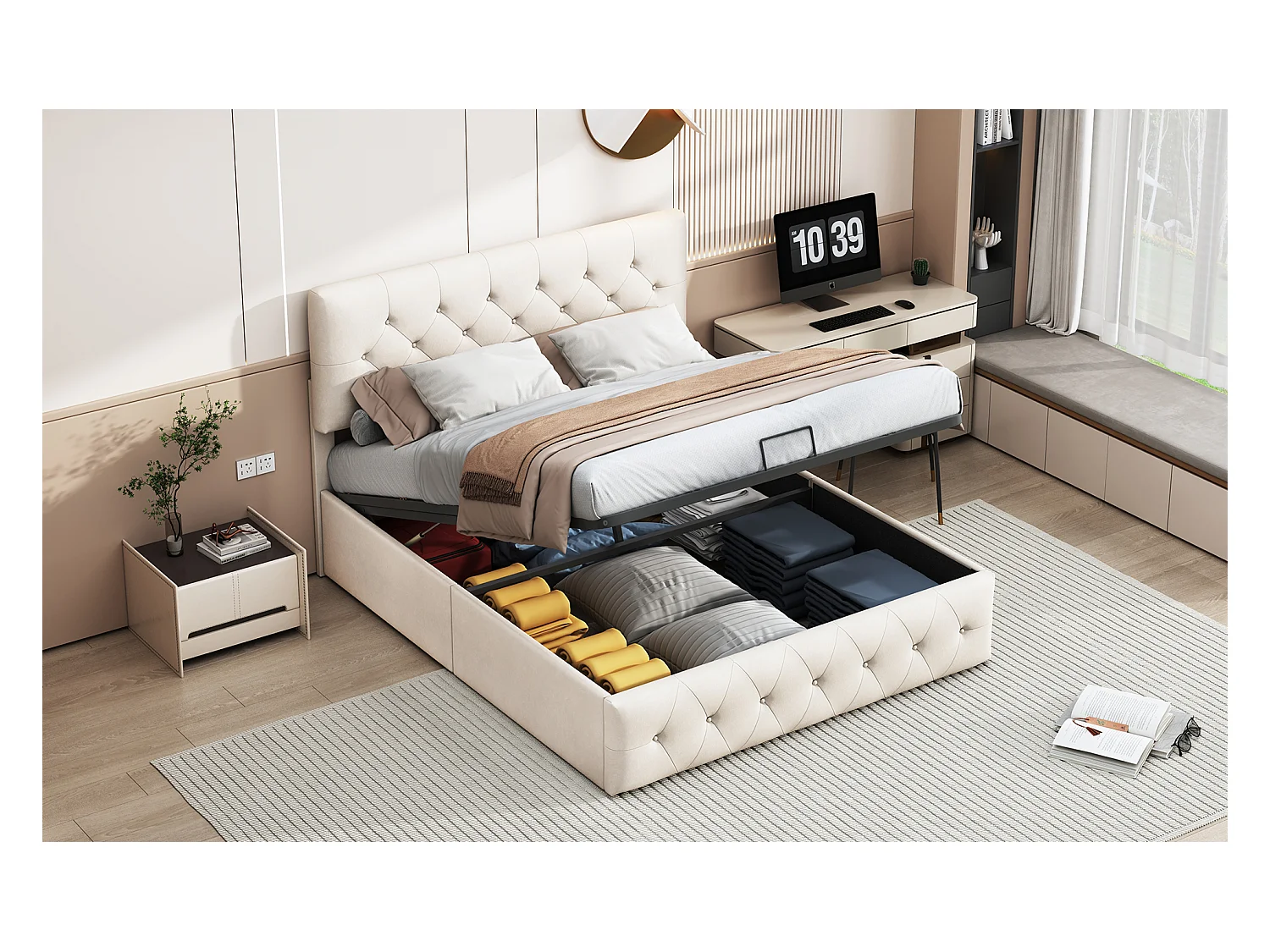 Letto matrimoniale 140x200 cm in velluto beige albicocca con contenitore jack, testiera e pediera imbottite, design comodo ed elegante