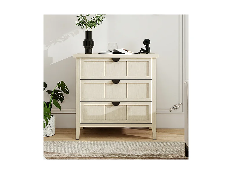 Mesa auxiliar de 3 cajones (80 × 40 × 80 cm), aspecto madera natural con tres cajones grabados, ideal para salones, dormitorios y otros espacios de trabajo