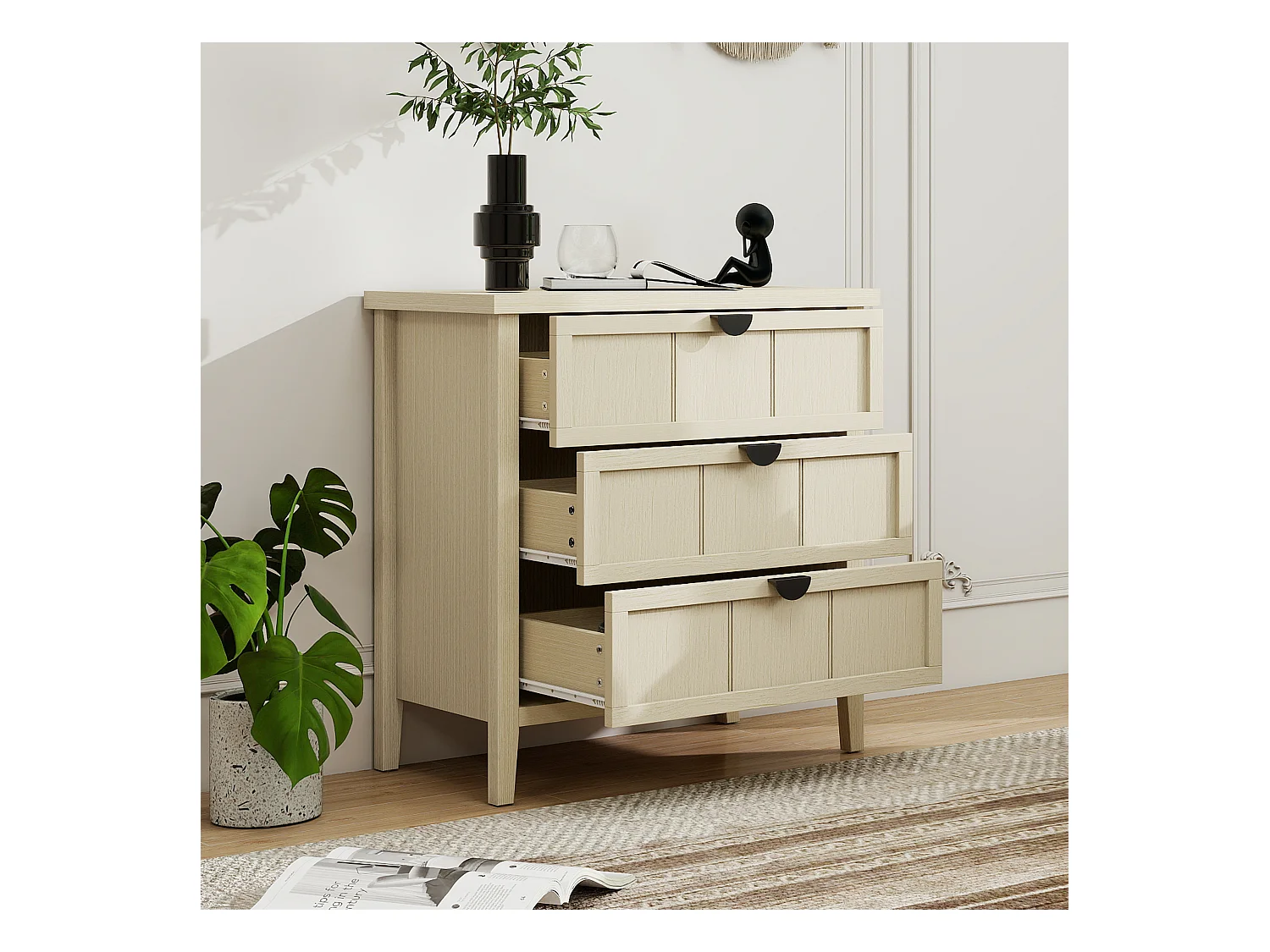 Tavolino laterale a 3 cassetti (80 × 40 × 80 cm), effetto legno naturale con tre cassetti incisi, ideale per soggiorni, camere da letto e altri spazi di lavoro